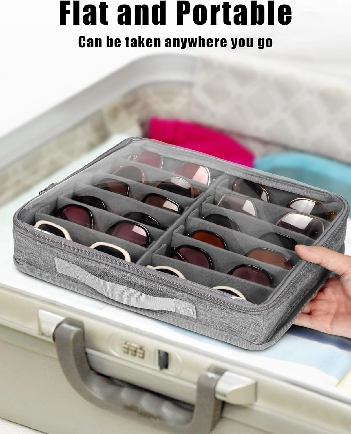 Bukere Sunglasses Organizer Case for Multiple Pairs, 7-12 Slots Adjustable Glasses Box Women Men, Travel Eyeglasses Storage
