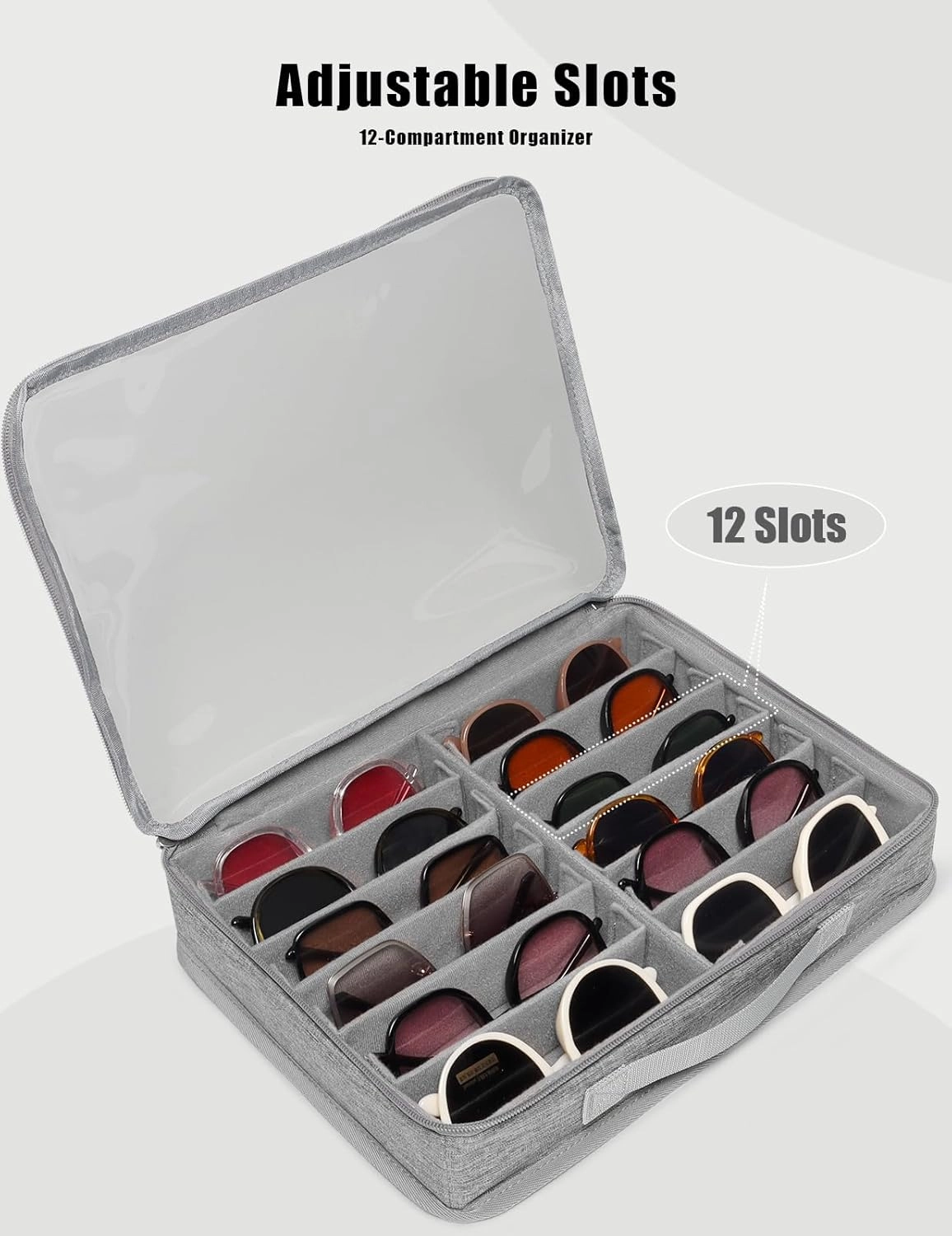 Bukere Sunglasses Organizer Case for Multiple Pairs, 7-12 Slots Adjustable Glasses Box Women Men, Travel Eyeglasses Storage