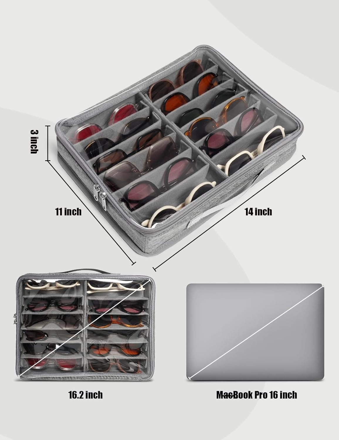 Bukere Sunglasses Organizer Case for Multiple Pairs, 7-12 Slots Adjustable Glasses Box Women Men, Travel Eyeglasses Storage