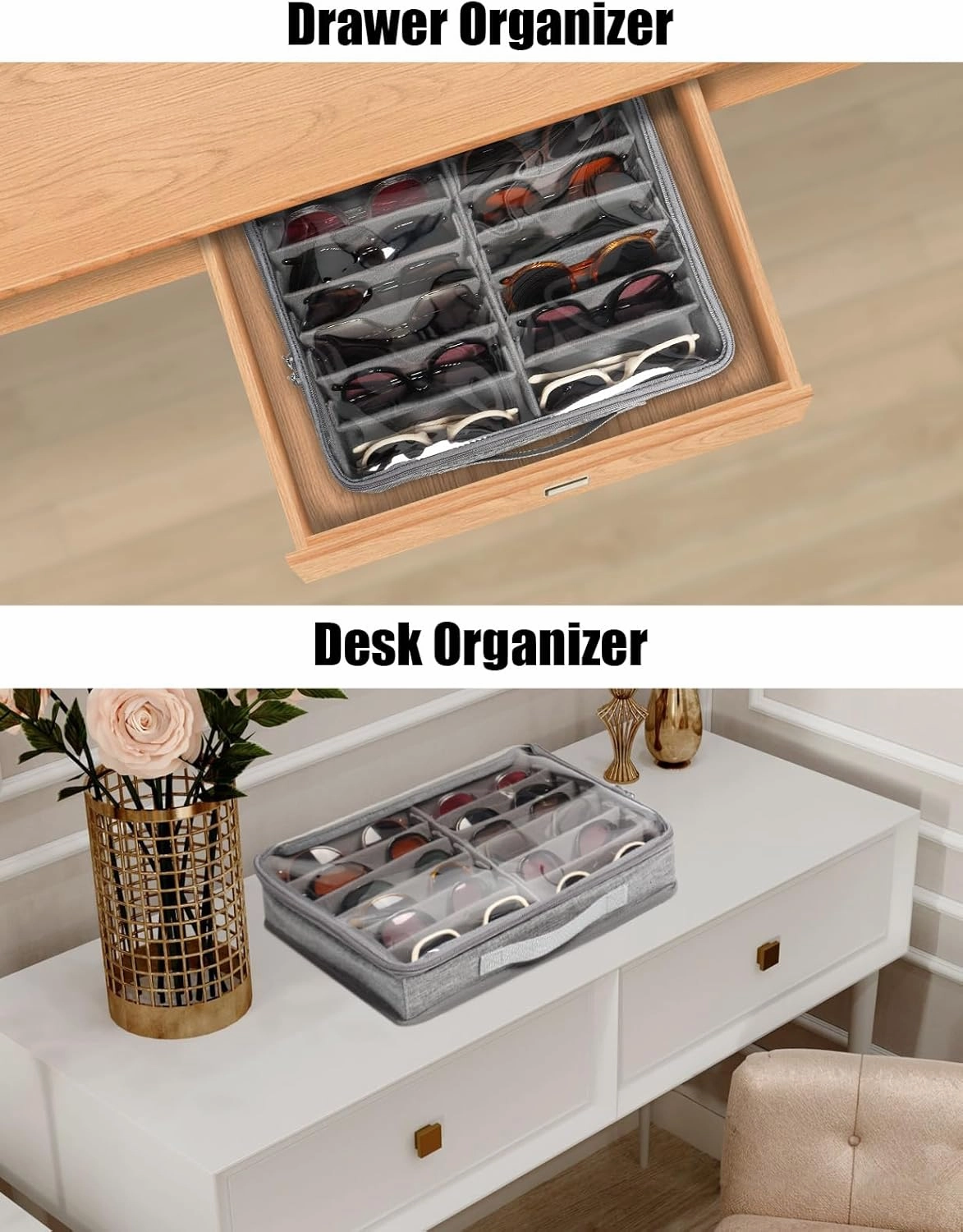 Bukere Sunglasses Organizer Case for Multiple Pairs, 7-12 Slots Adjustable Glasses Box Women Men, Travel Eyeglasses Storage