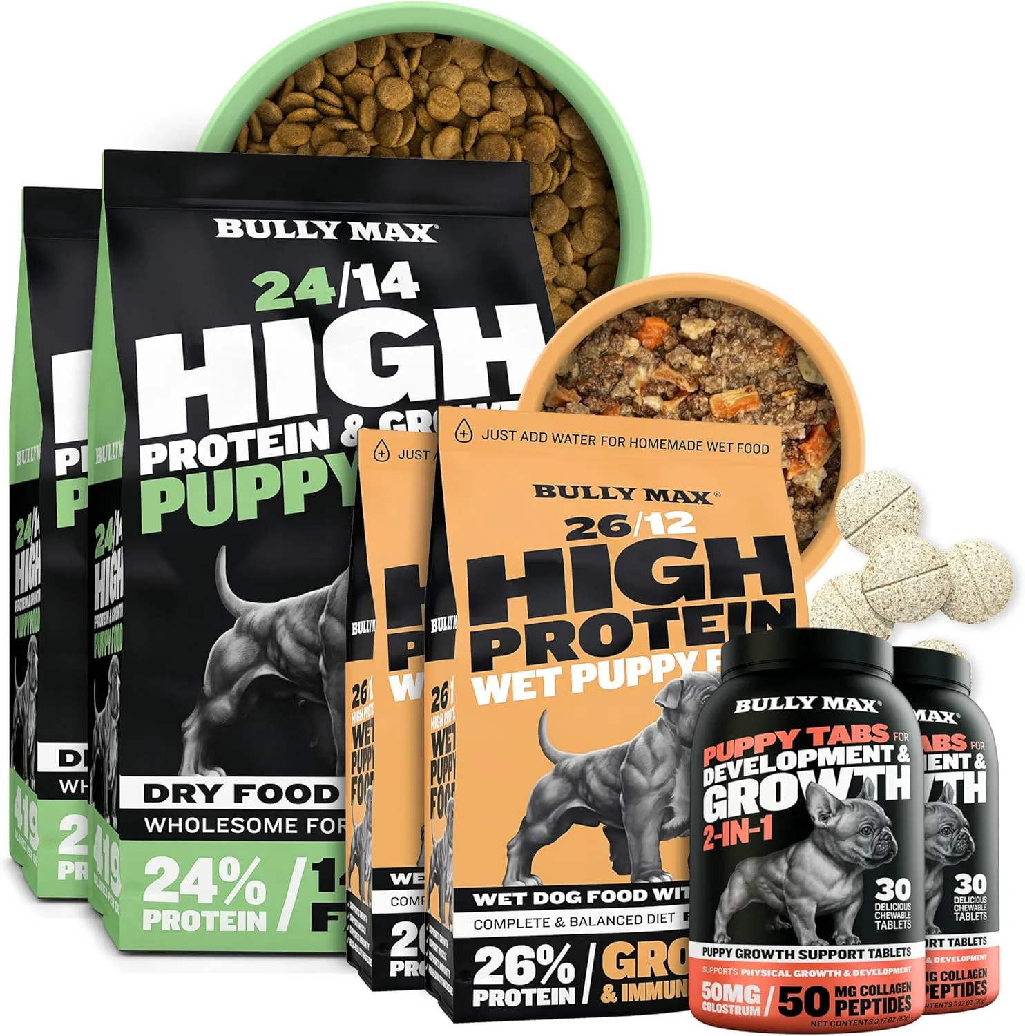 Bully Max Ultimate Puppy Nutrition Bundle - 24/14 Lamb Puppy Food (10 lb), Dehydrated Chicken Wet Food (4 lb Dry, Makes 11 lb Wet Food) & Multivitamin Tabs (2 Bottles) for Growth, Immunity & Health