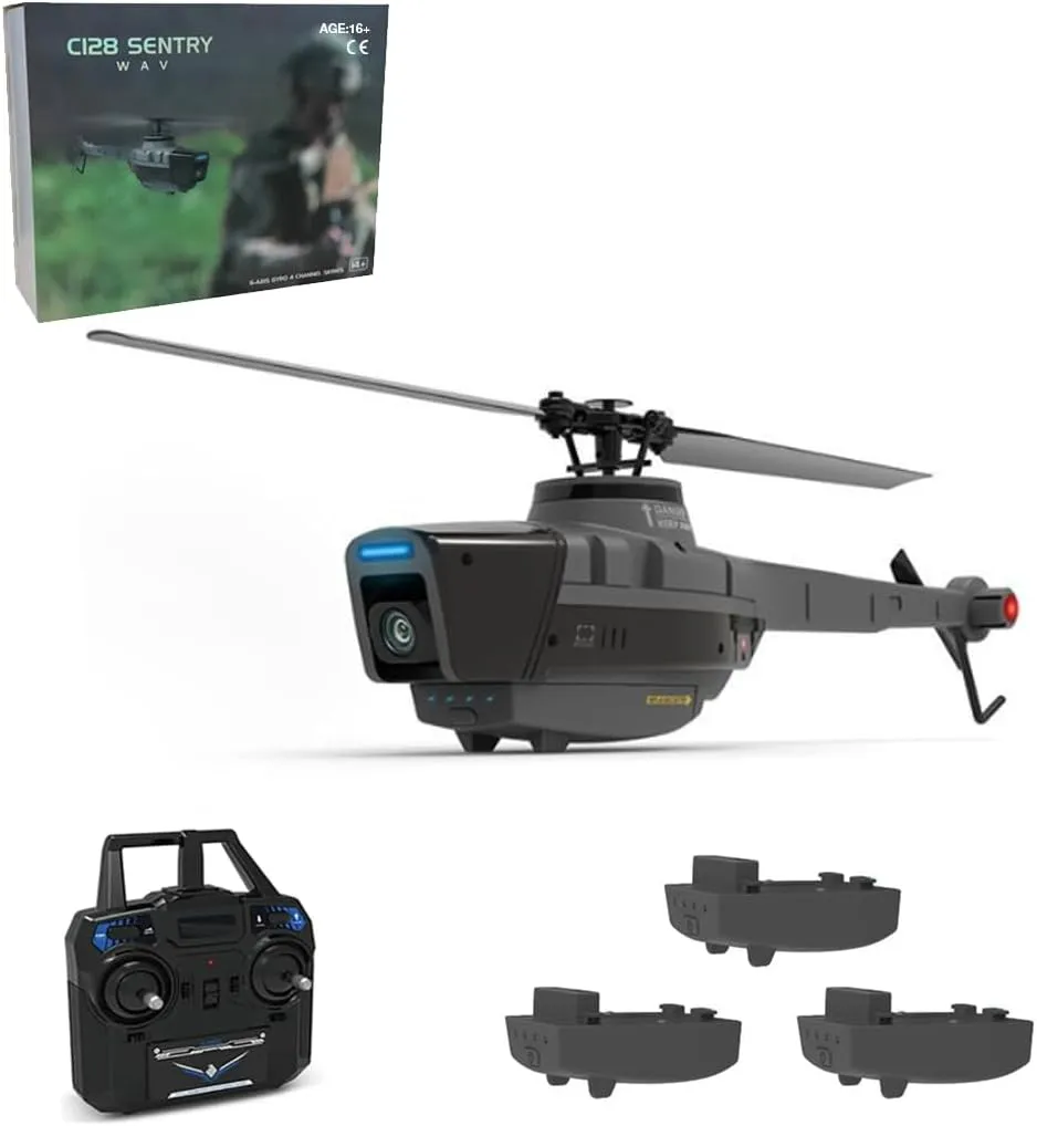 C128 Scout RC Helicopter with 1080P Camera – 2.4GHz 4CH AI-Controlled Remote Control Helicopter with 6-Axis Gyro, Optical Flow & Altitude Hold (RTF, 3Batteries)
