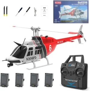 C138 206 Remote Control Helicopter, 2.4GHz 4CH Rc Era Helicopter Single Propeller Aileron RC Aircraft One Click Roll Takeoff and Landing Six-axis Gyroscope for Adults Beginners(4 Battery/Red)