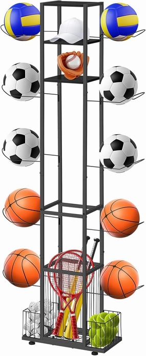 CADUKE Ball Holder Stand, Basketball Rack for Balls, 5-Tier Vertical Ball Storage for Home Garage Indoor Outdoor Ball Storage, Black