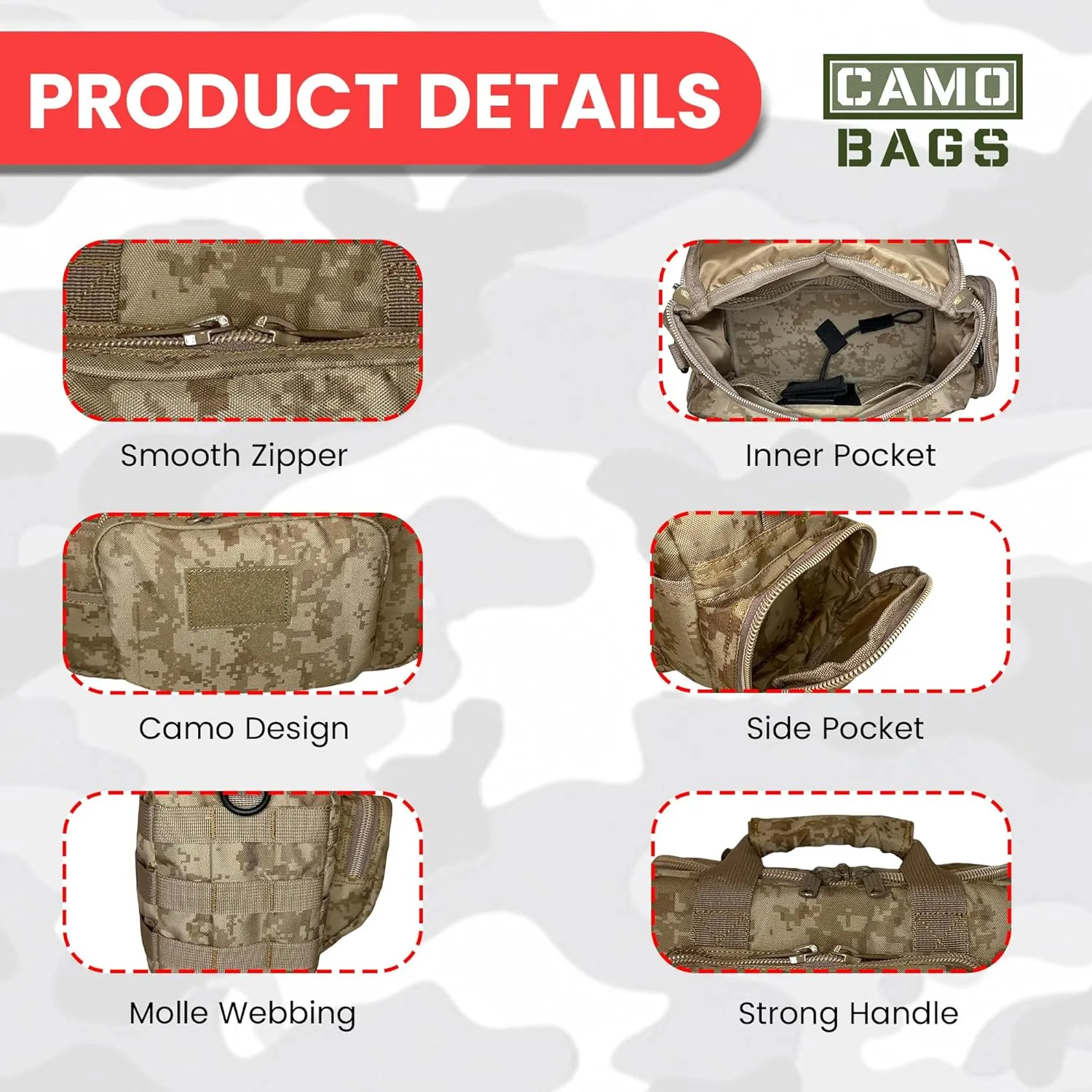 Camo Handgun Bag | 1000D Polyester Tactical Bag - with Lockable Zippers | Hook & Loop Handgrip & Padded Shoulder Strap