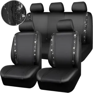 CAR PASS Diamond Leather Bling Car Seat Covers Full Set, Shining Rhinestone Waterproof Durable Rear with Zipper, Universal Fit Automotive Glitter Crystal Sparkle Strip for Cute Women Girly Black