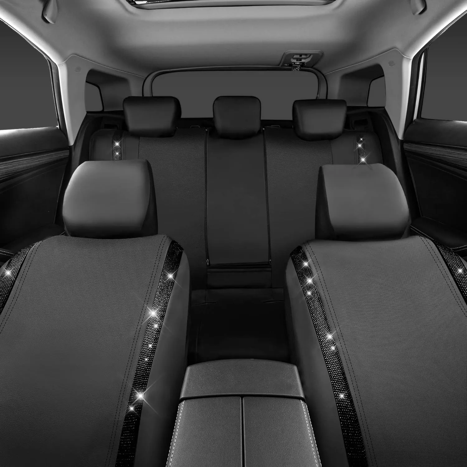 CAR PASS Diamond Leather Bling Car Seat Covers Full Set, Shining Rhinestone Waterproof Durable Rear with Zipper, Universal Fit Automotive Glitter Crystal Sparkle Strip for Cute Women Girly Black