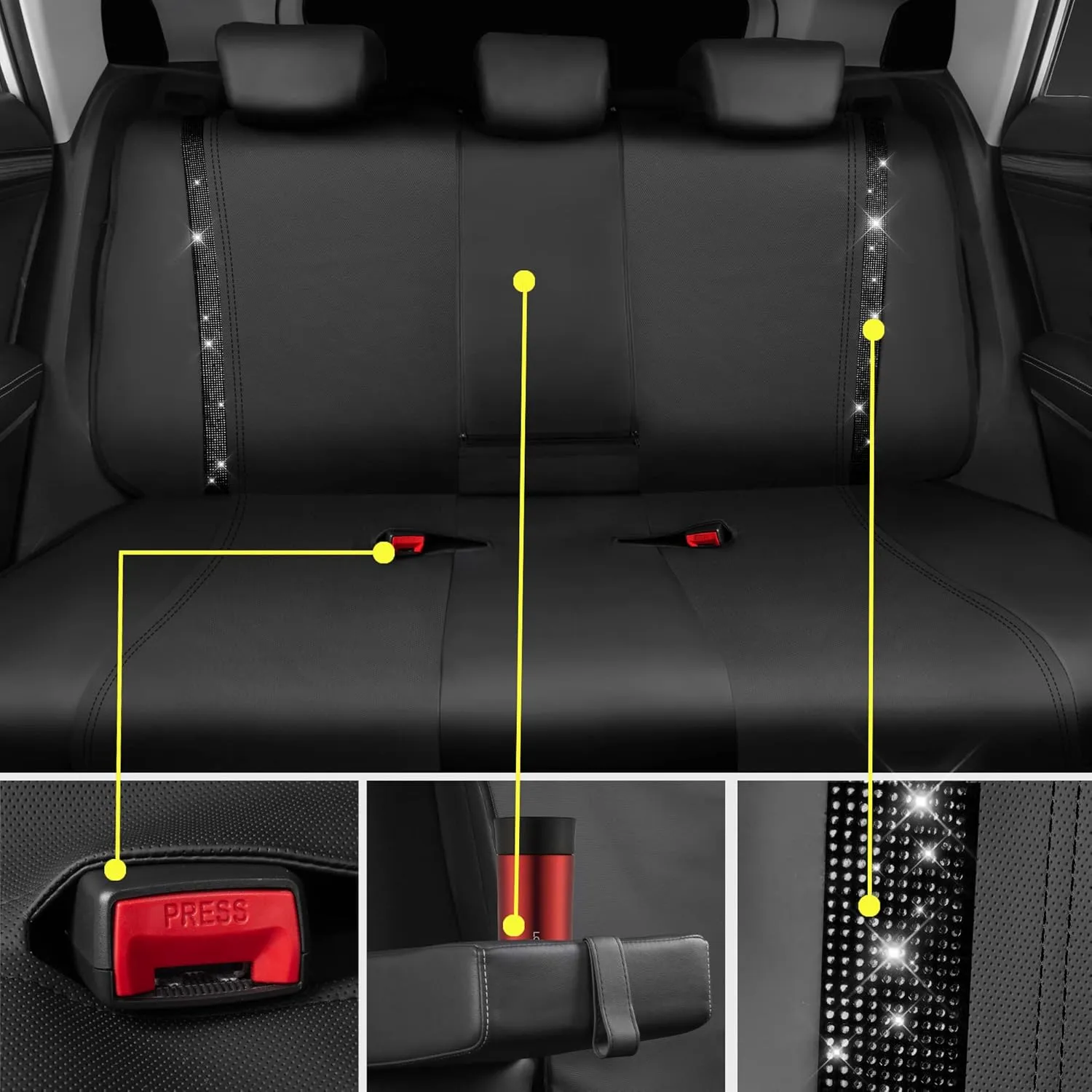CAR PASS Diamond Leather Bling Car Seat Covers Full Set, Shining Rhinestone Waterproof Durable Rear with Zipper, Universal Fit Automotive Glitter Crystal Sparkle Strip for Cute Women Girly Black