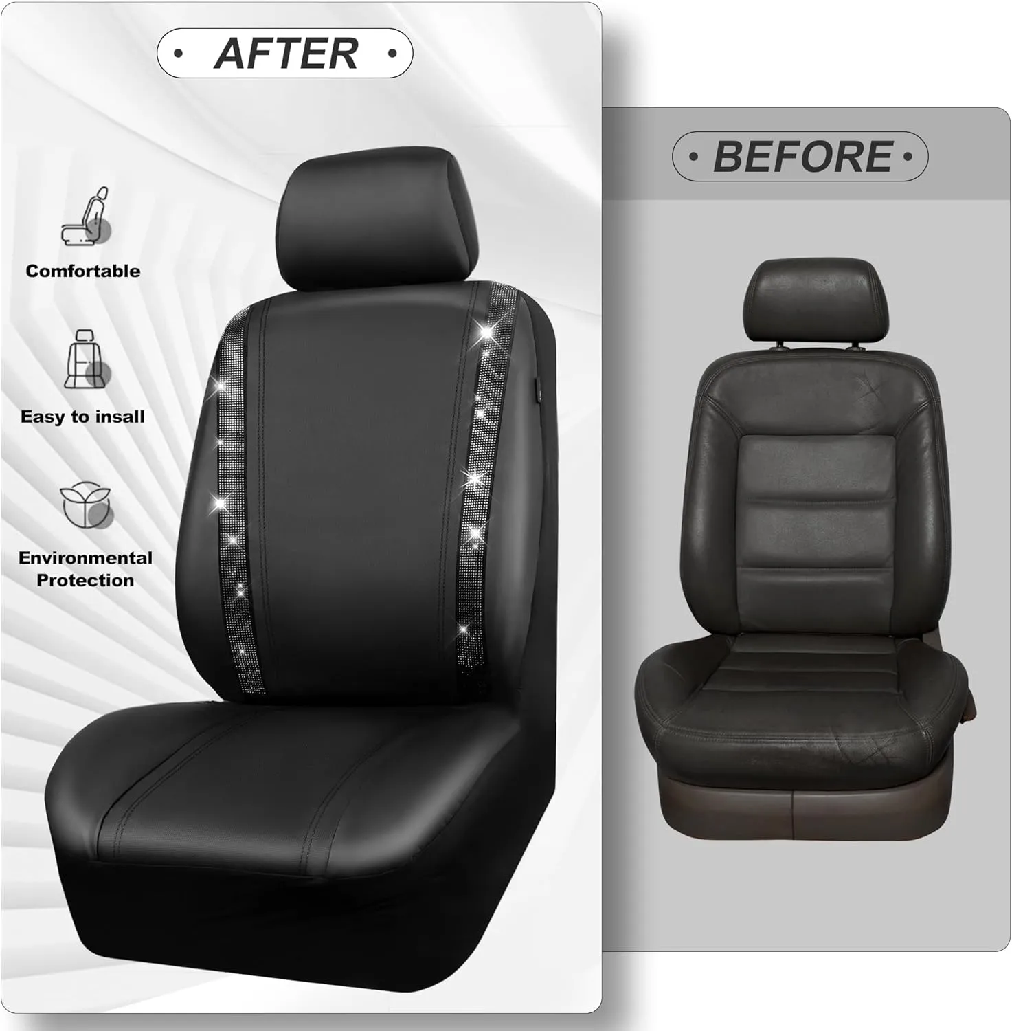 CAR PASS Diamond Leather Bling Car Seat Covers Full Set, Shining Rhinestone Waterproof Durable Rear with Zipper, Universal Fit Automotive Glitter Crystal Sparkle Strip for Cute Women Girly Black