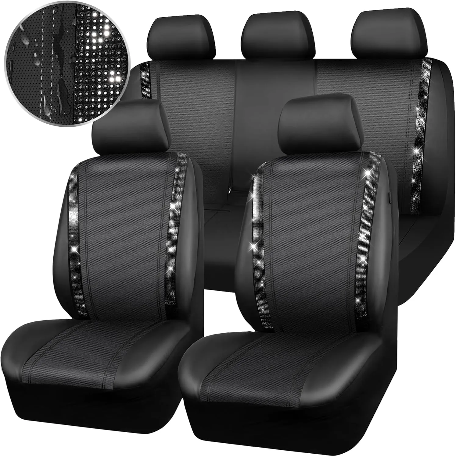 CAR PASS Diamond Leather Bling Car Seat Covers Full Set, Shining Rhinestone Waterproof Durable Rear with Zipper, Universal Fit Automotive Glitter Crystal Sparkle Strip for Cute Women Girly Black