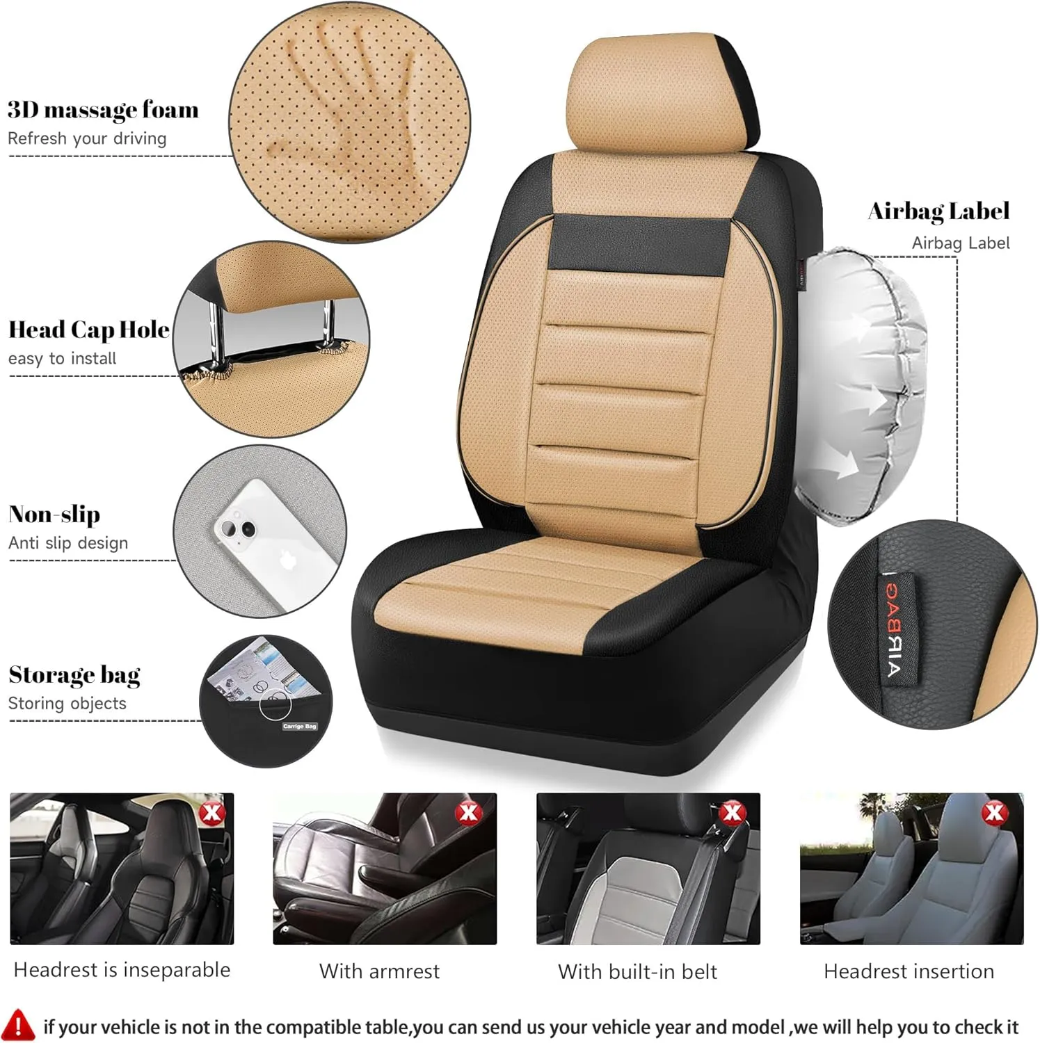 CAR PASS Faux Leather Car Seat Covers Front Seats Only, 3D Foam Support Car Seat Covers, Universal fit for Trucks Vans SUVs Sedans Automotive Comfortable, Airbag Compatible 2 Pieces Front Black Beige
