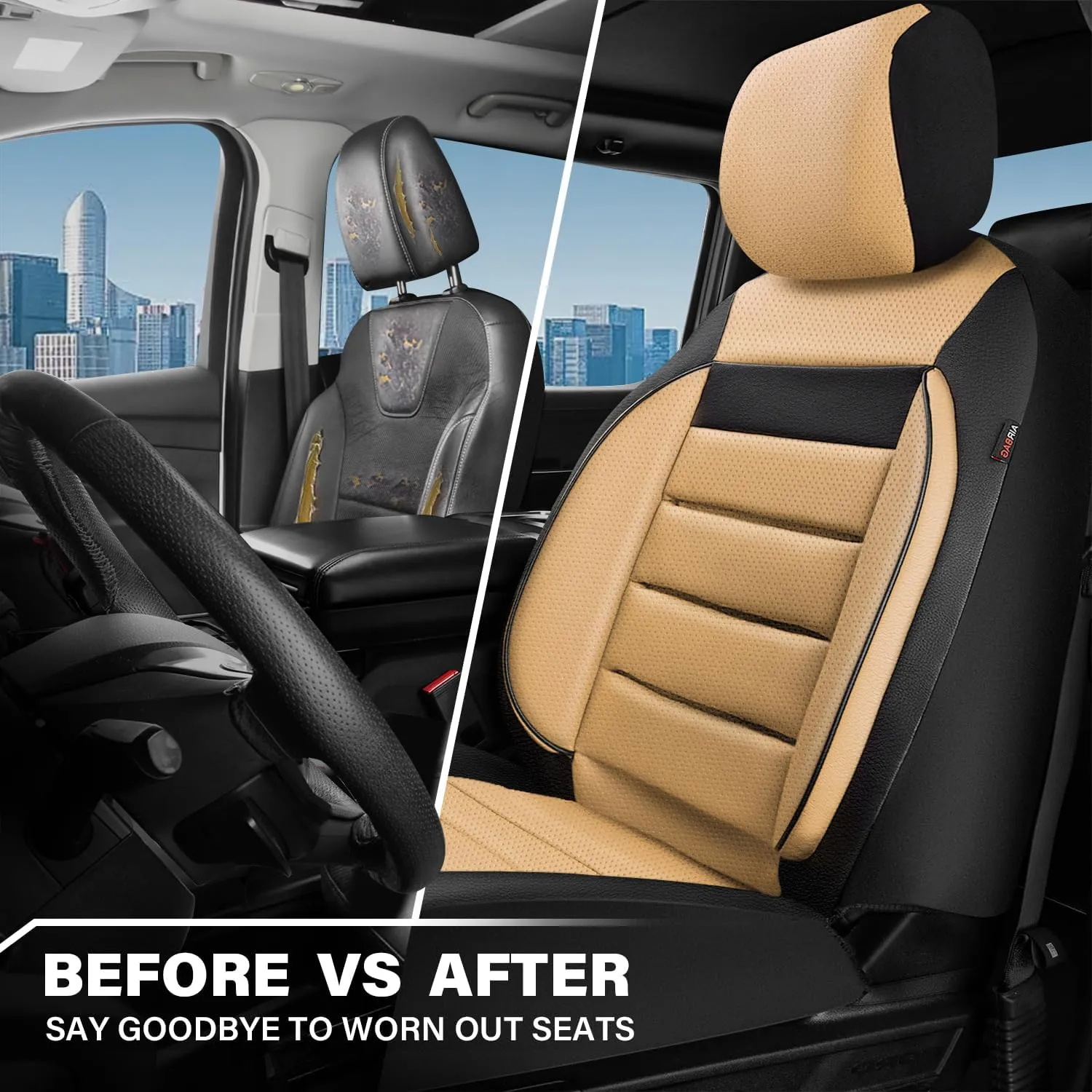 CAR PASS Faux Leather Car Seat Covers Front Seats Only, 3D Foam Support Car Seat Covers, Universal fit for Trucks Vans SUVs Sedans Automotive Comfortable, Airbag Compatible 2 Pieces Front Black Beige
