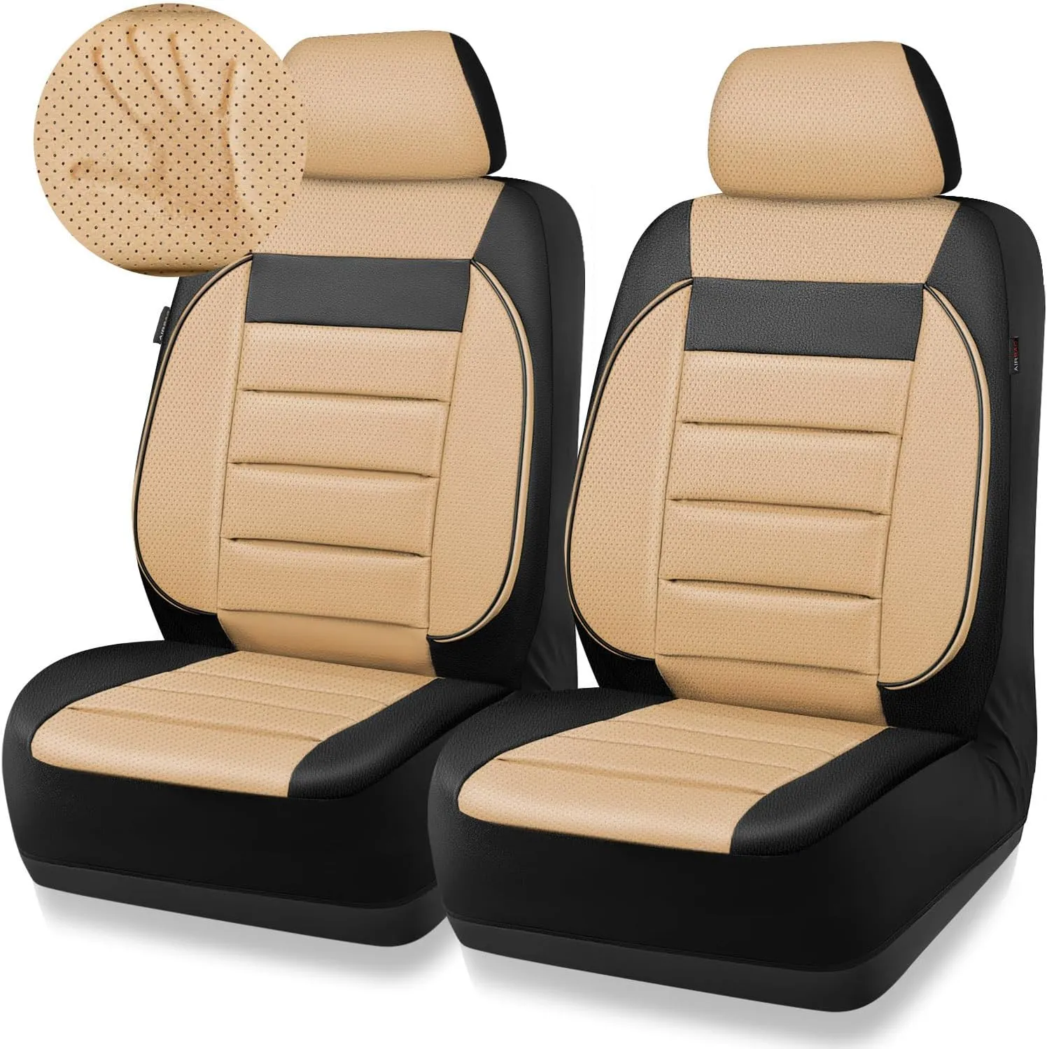 CAR PASS Faux Leather Car Seat Covers Front Seats Only, 3D Foam Support Car Seat Covers, Universal fit for Trucks Vans SUVs Sedans Automotive Comfortable, Airbag Compatible 2 Pieces Front Black Beige