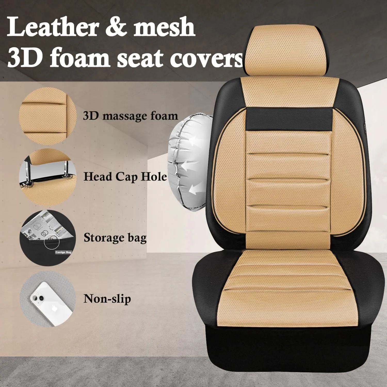 CAR PASS Faux Leather Car Seat Covers Front Seats Only, 3D Foam Support Car Seat Covers, Universal fit for Trucks Vans SUVs Sedans Automotive Comfortable, Airbag Compatible 2 Pieces Front Black Beige