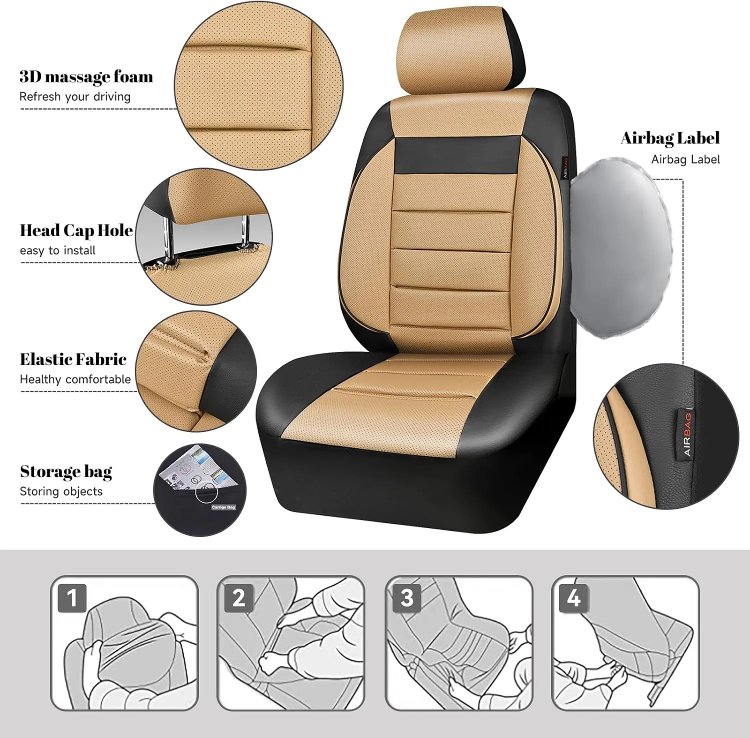 CAR PASS Leather Seat Covers Full Set Universal Water Resistant 3D Foam Back Support, Luxury Comfort Automotive 5 Seat Covers All Season Fit for SUV,Sedan,Van, Airbag Compatible Elegance(Beige Black)