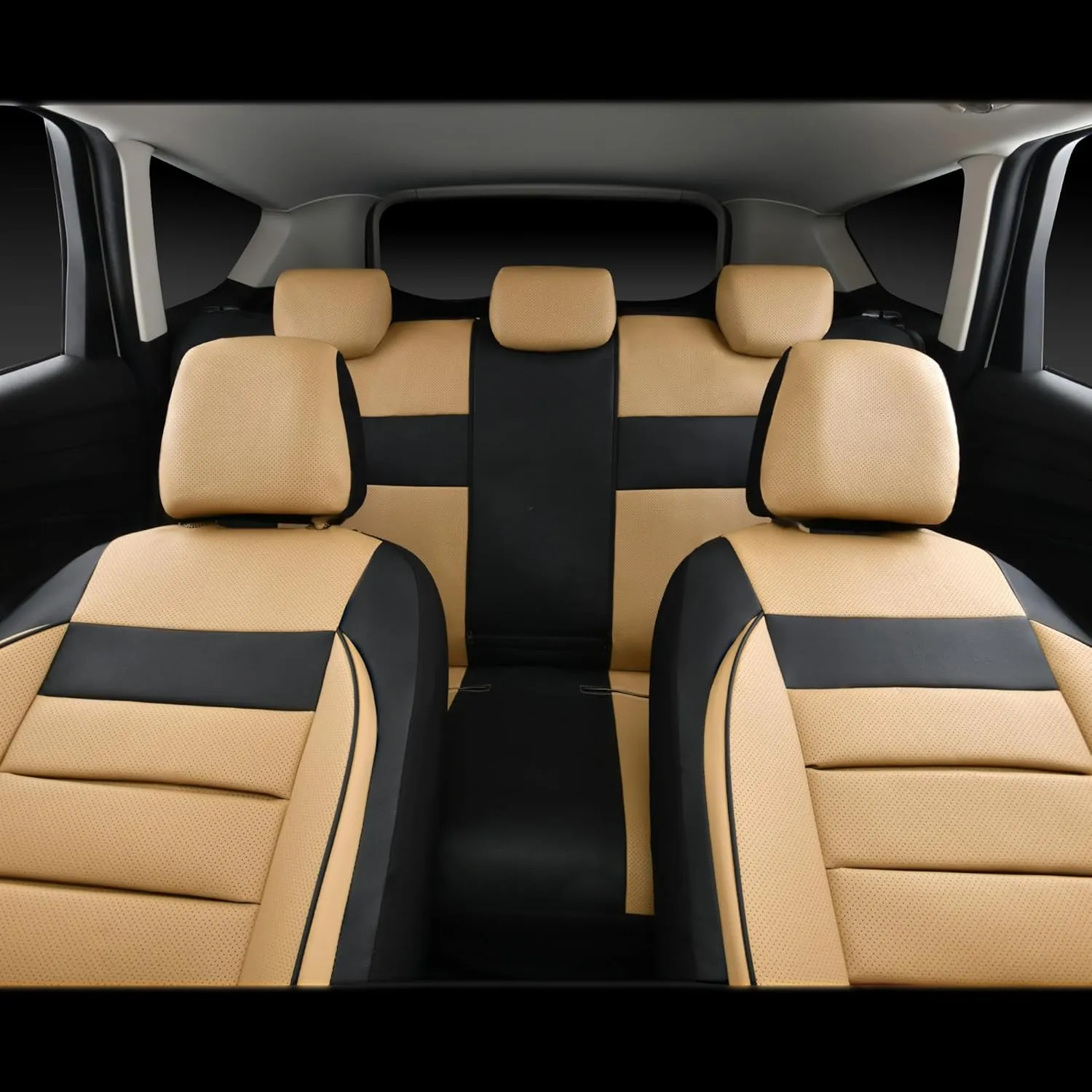 CAR PASS Leather Seat Covers Full Set Universal Water Resistant 3D Foam Back Support, Luxury Comfort Automotive 5 Seat Covers All Season Fit for SUV,Sedan,Van, Airbag Compatible Elegance(Beige Black)