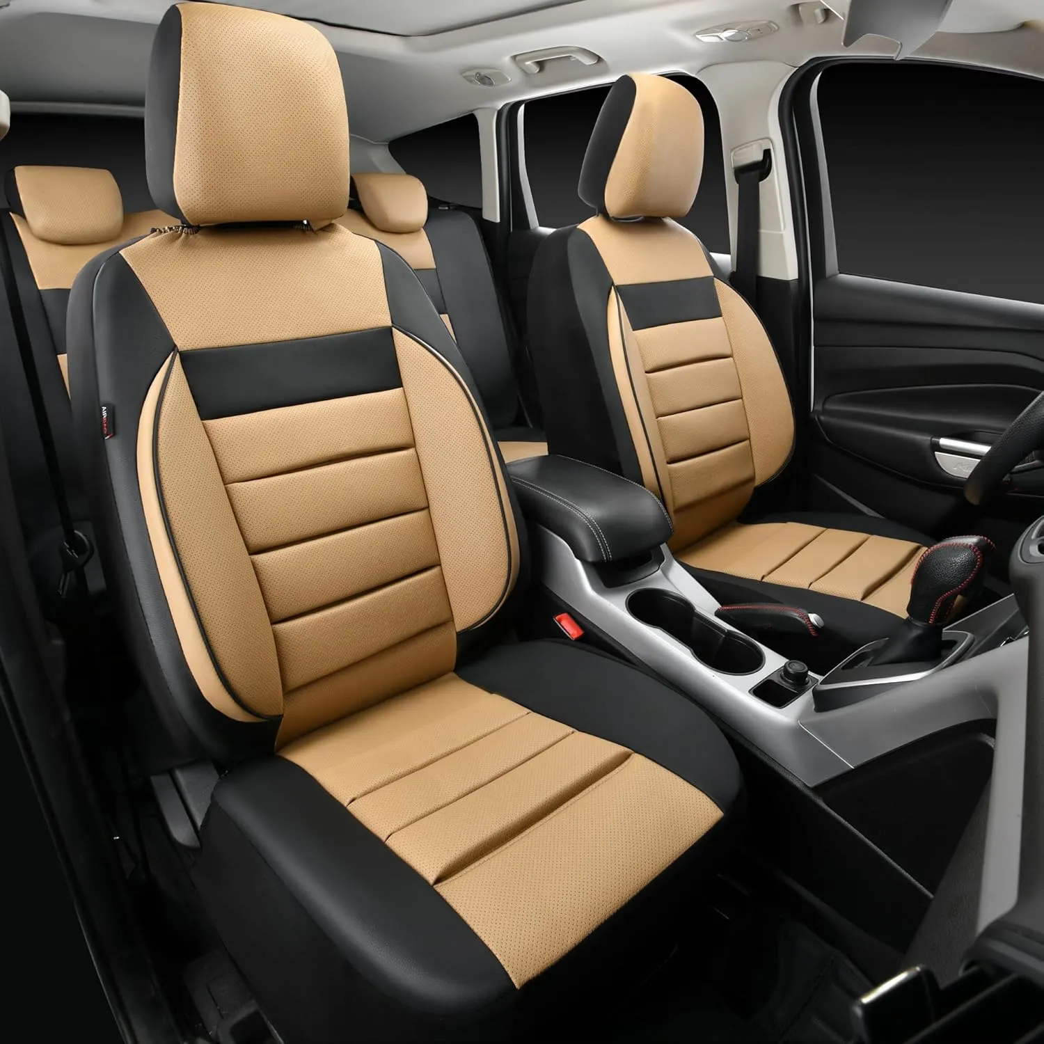 CAR PASS Leather Seat Covers Full Set Universal Water Resistant 3D Foam Back Support, Luxury Comfort Automotive 5 Seat Covers All Season Fit for SUV,Sedan,Van, Airbag Compatible Elegance(Beige Black)