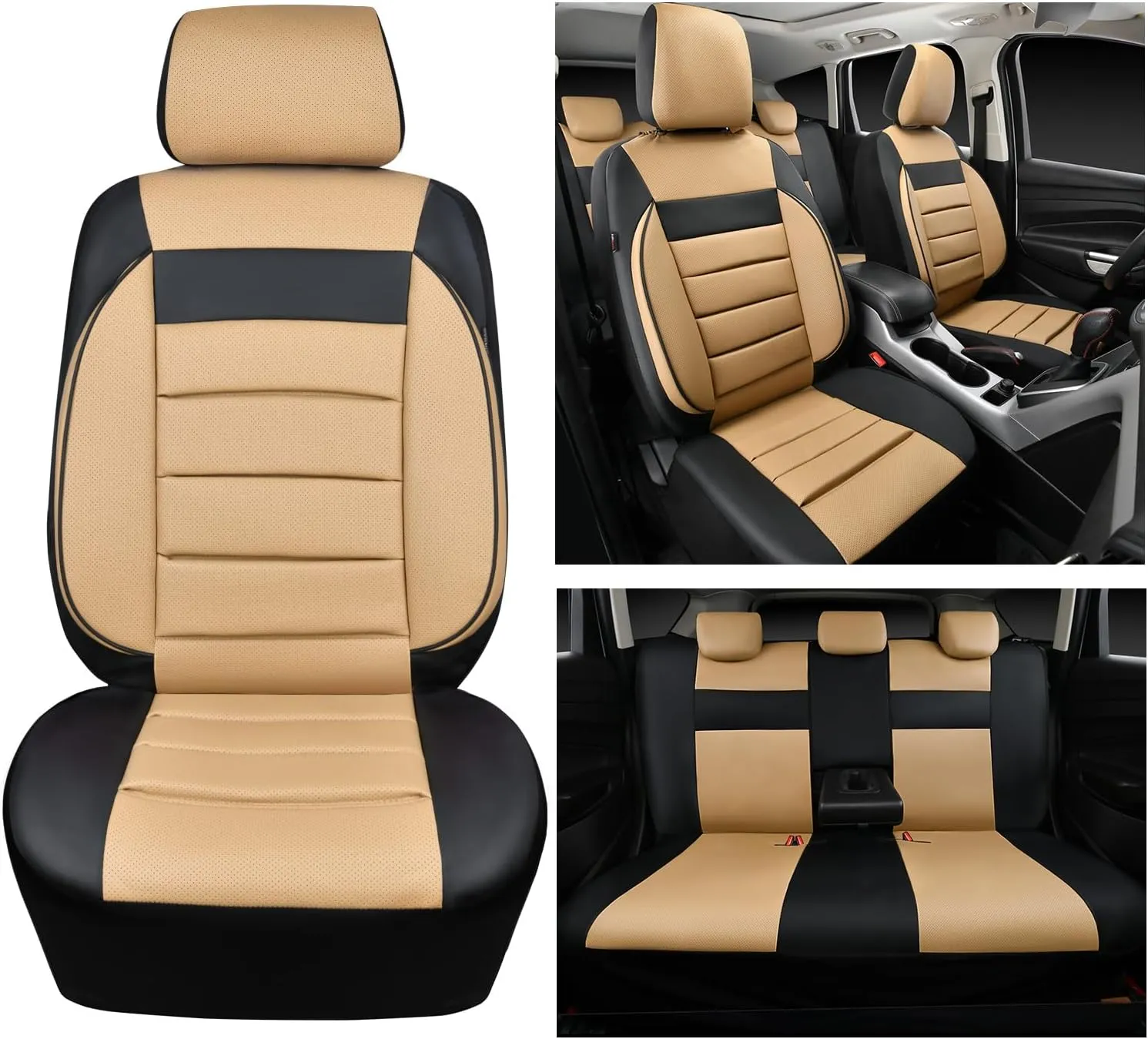 CAR PASS Leather Seat Covers Full Set Universal Water Resistant 3D Foam Back Support, Luxury Comfort Automotive 5 Seat Covers All Season Fit for SUV,Sedan,Van, Airbag Compatible Elegance(Beige Black)