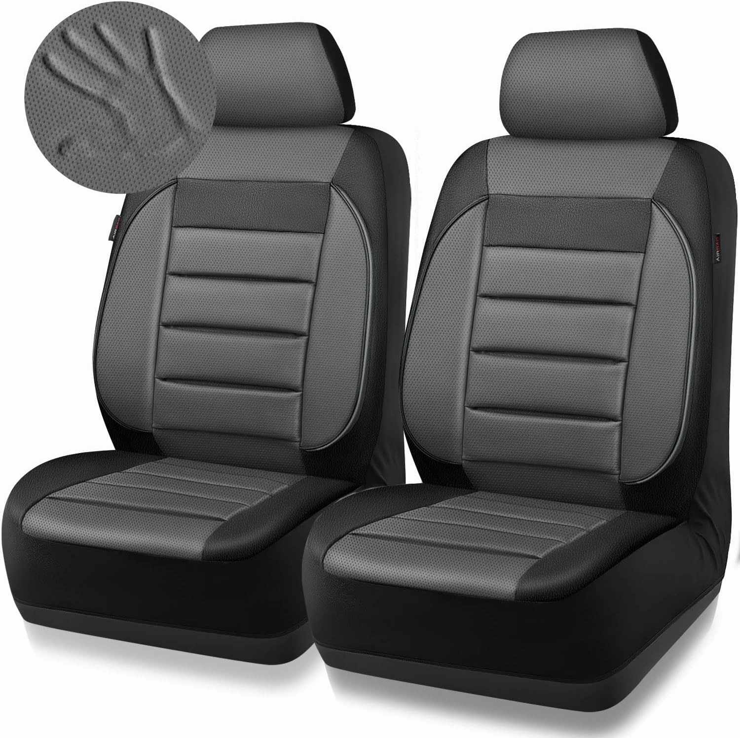 CAR PASS Leather Car Seat Covers Front Seats Only, Universal Fit Automotive Interior Waterproof 3D Foam Back Support Car Seat Covers for Trucks Vans and SUVs Airbag compatible 2 Pieces black gray grey