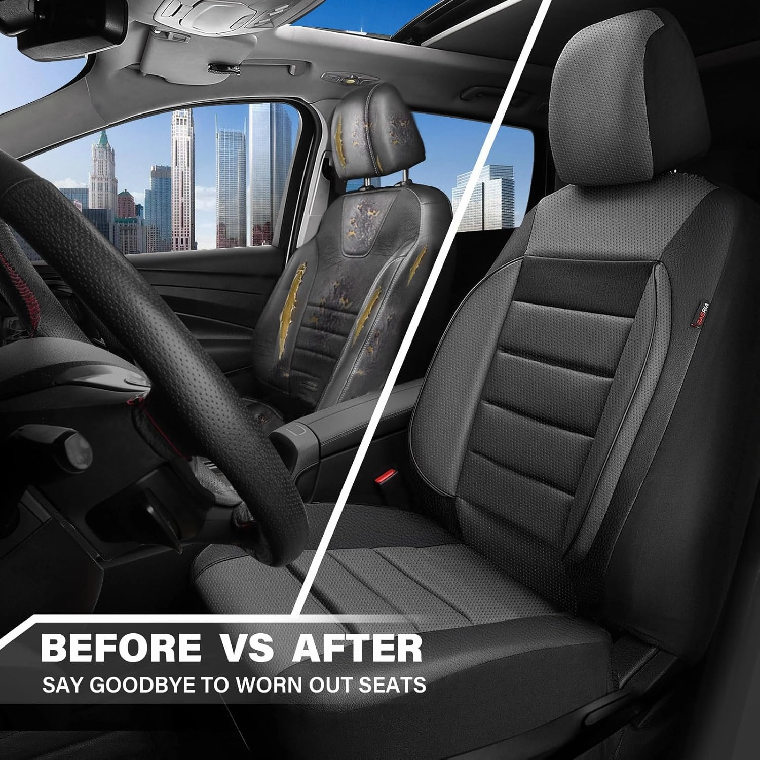 CAR PASS Leather Car Seat Covers Front Seats Only, Universal Fit Automotive Interior Waterproof 3D Foam Back Support Car Seat Covers for Trucks Vans and SUVs Airbag compatible 2 Pieces black gray grey