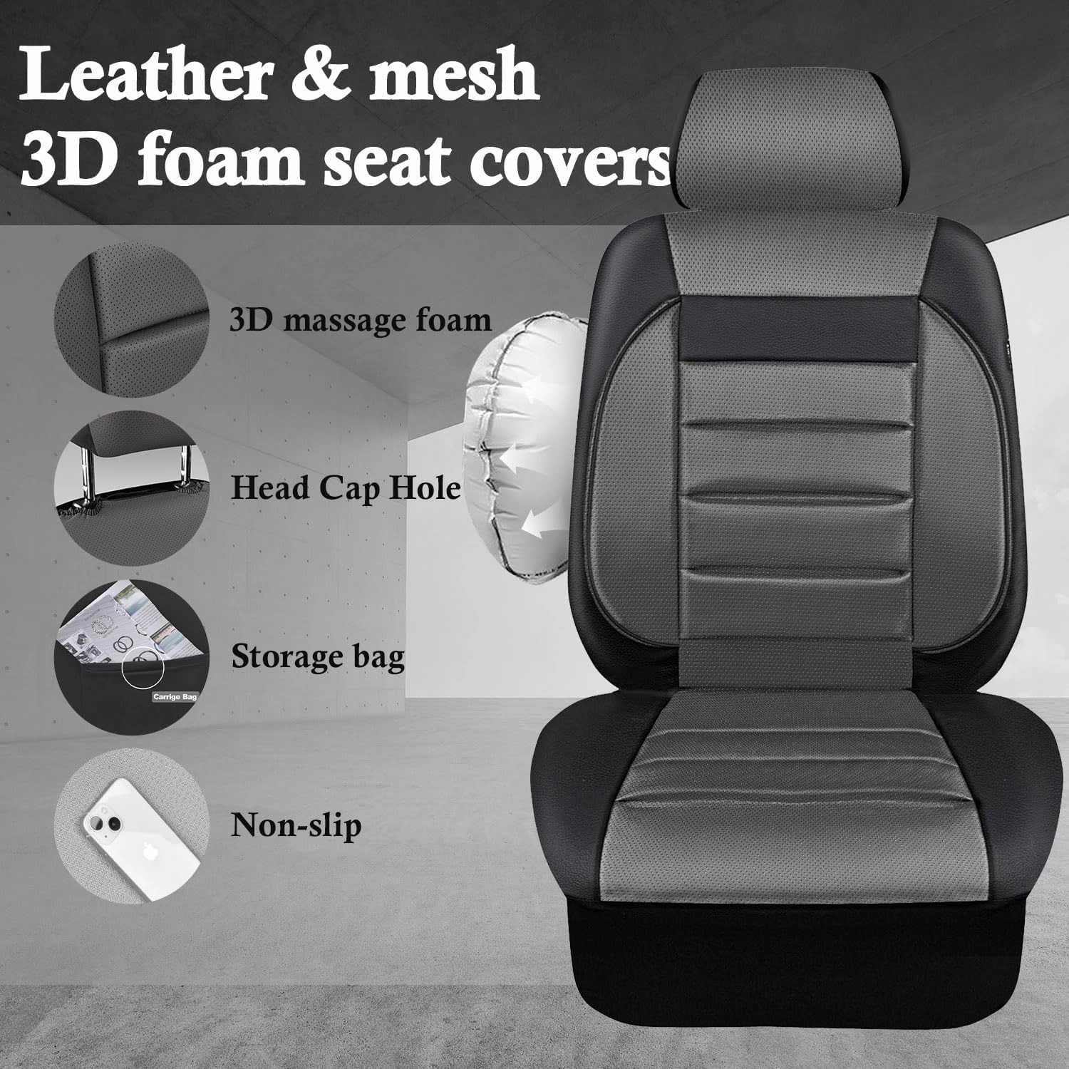 CAR PASS Leather Car Seat Covers Front Seats Only, Universal Fit Automotive Interior Waterproof 3D Foam Back Support Car Seat Covers for Trucks Vans and SUVs Airbag compatible 2 Pieces black gray grey