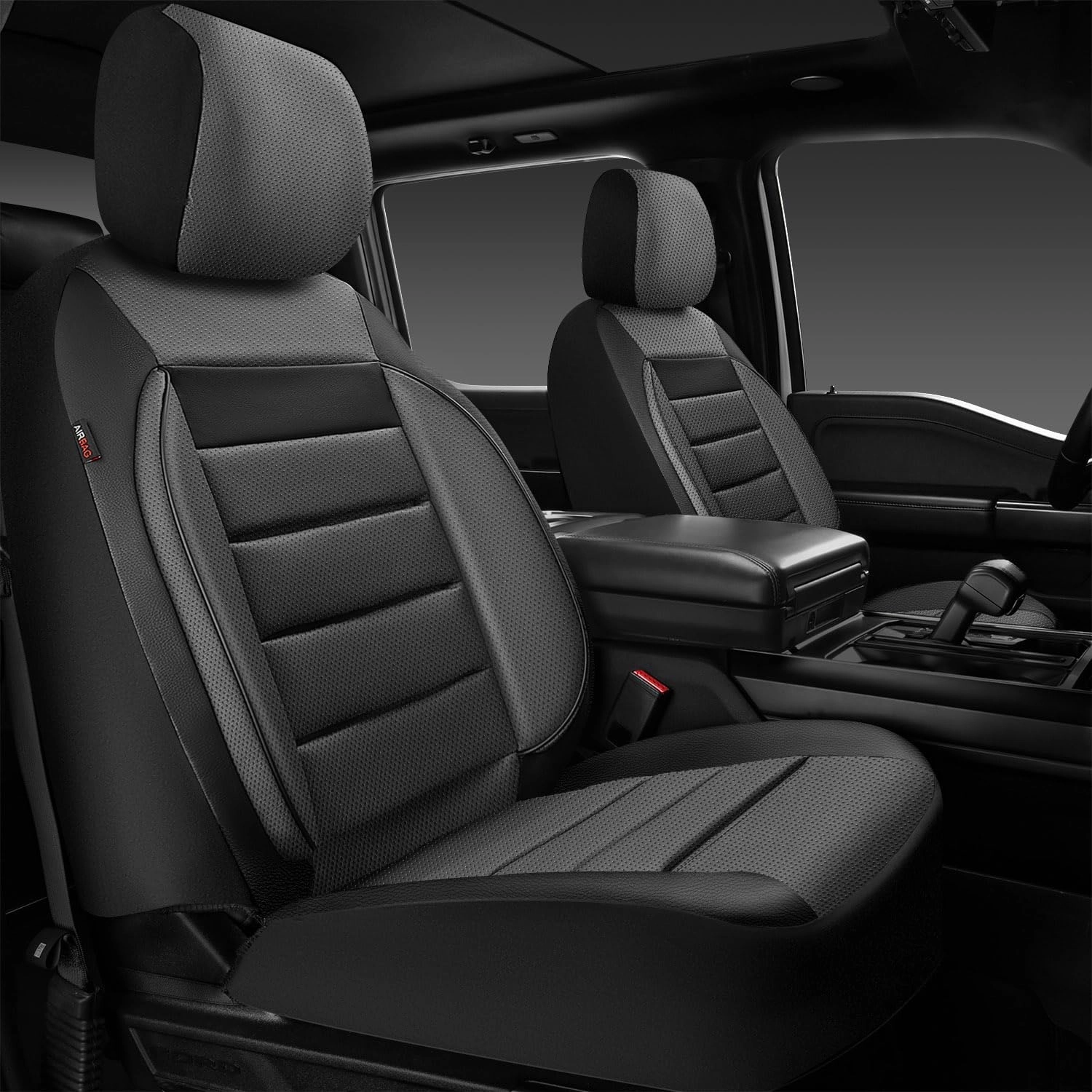 CAR PASS Leather Car Seat Covers Front Seats Only, Universal Fit Automotive Interior Waterproof 3D Foam Back Support Car Seat Covers for Trucks Vans and SUVs Airbag compatible 2 Pieces black gray grey