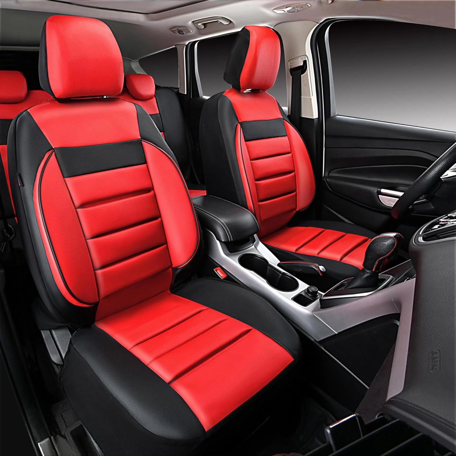 CAR PASS Leather Seat Covers Full Set Universal Water Resistant 3D Foam Back Support, Luxury Comfort Automotive 5 Seat Covers All Season Fit for SUV,Sedan,Van, Airbag Compatible Elegance (Black Red)