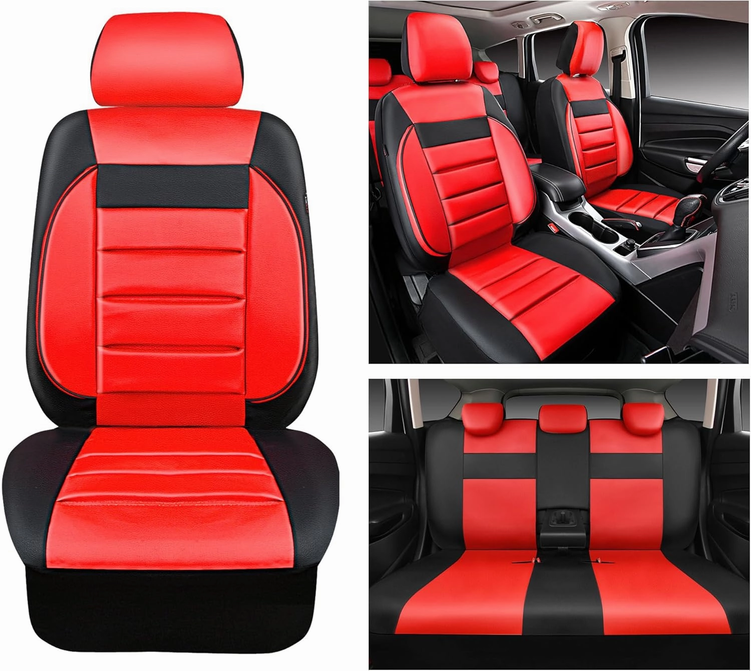 CAR PASS Leather Seat Covers Full Set Universal Water Resistant 3D Foam Back Support, Luxury Comfort Automotive 5 Seat Covers All Season Fit for SUV,Sedan,Van, Airbag Compatible Elegance (Black Red)