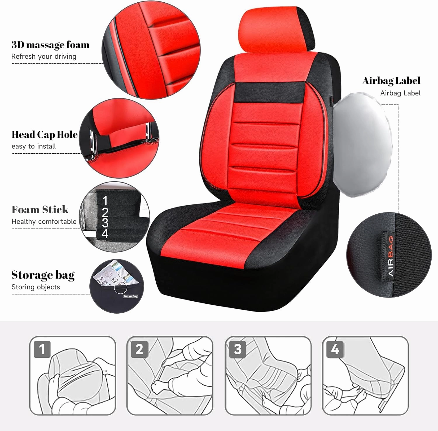 CAR PASS Leather Seat Covers Full Set Universal Water Resistant 3D Foam Back Support, Luxury Comfort Automotive 5 Seat Covers All Season Fit for SUV,Sedan,Van, Airbag Compatible Elegance (Black Red)
