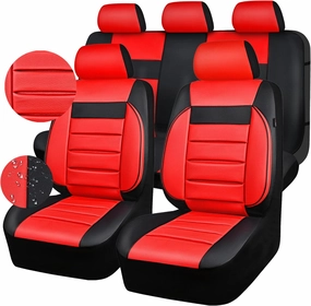 CAR PASS Leather Seat Covers Full Set Universal Water Resistant 3D Foam Back Support, Luxury Comfort Automotive 5 Seat Covers All Season Fit for SUV,Sedan,Van, Airbag Compatible Elegance (Black Red)