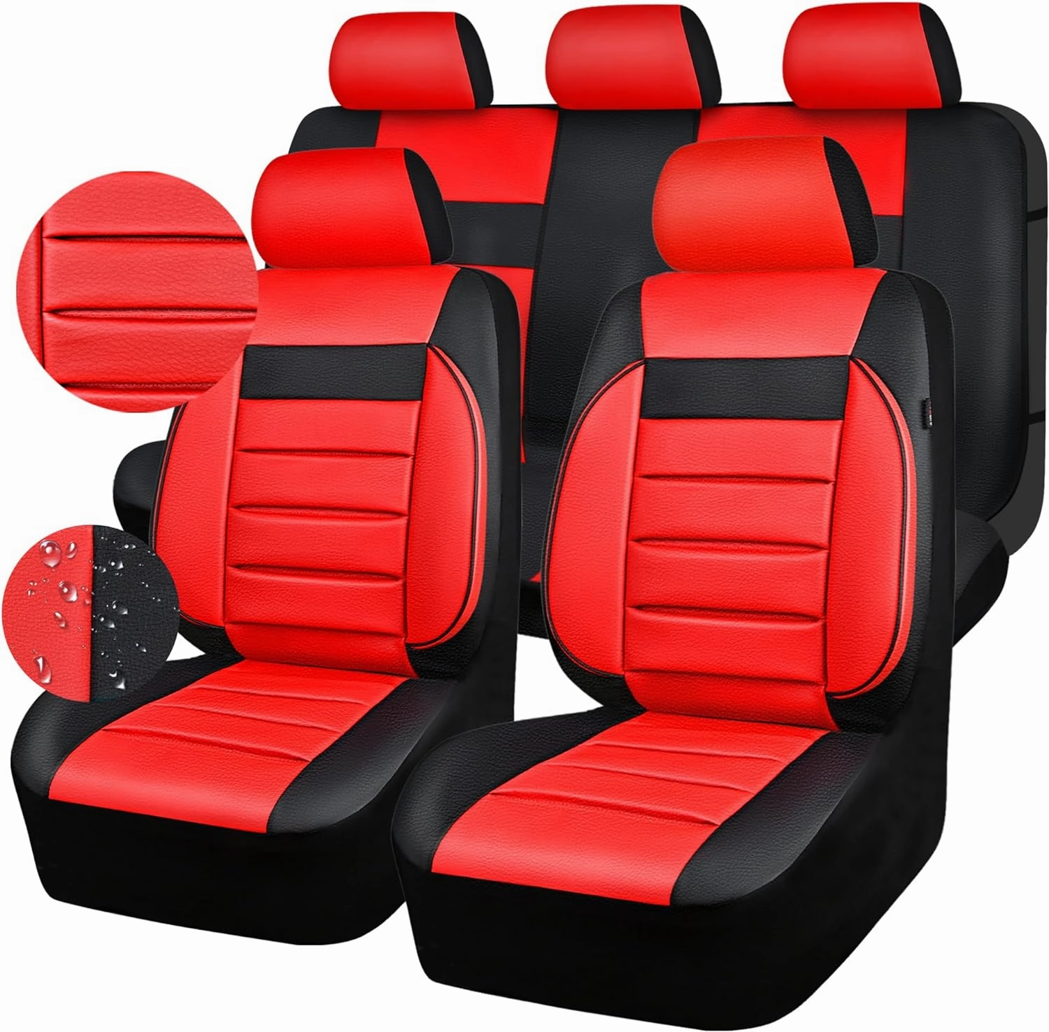 CAR PASS Leather Seat Covers Full Set Universal Water Resistant 3D Foam Back Support, Luxury Comfort Automotive 5 Seat Covers All Season Fit for SUV,Sedan,Van, Airbag Compatible Elegance (Black Red)