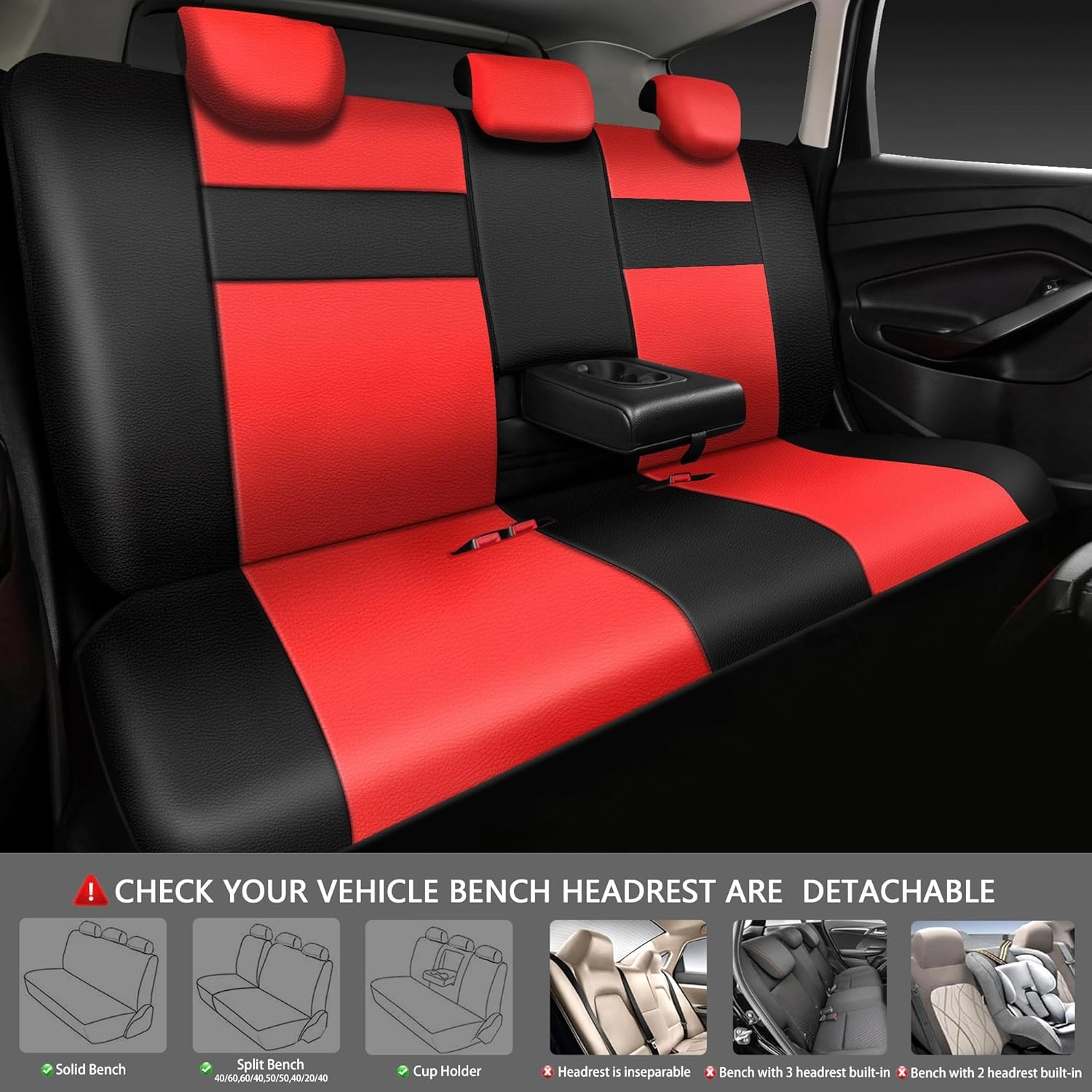 CAR PASS Leather Seat Covers Full Set Universal Water Resistant 3D Foam Back Support, Luxury Comfort Automotive 5 Seat Covers All Season Fit for SUV,Sedan,Van, Airbag Compatible Elegance (Black Red)
