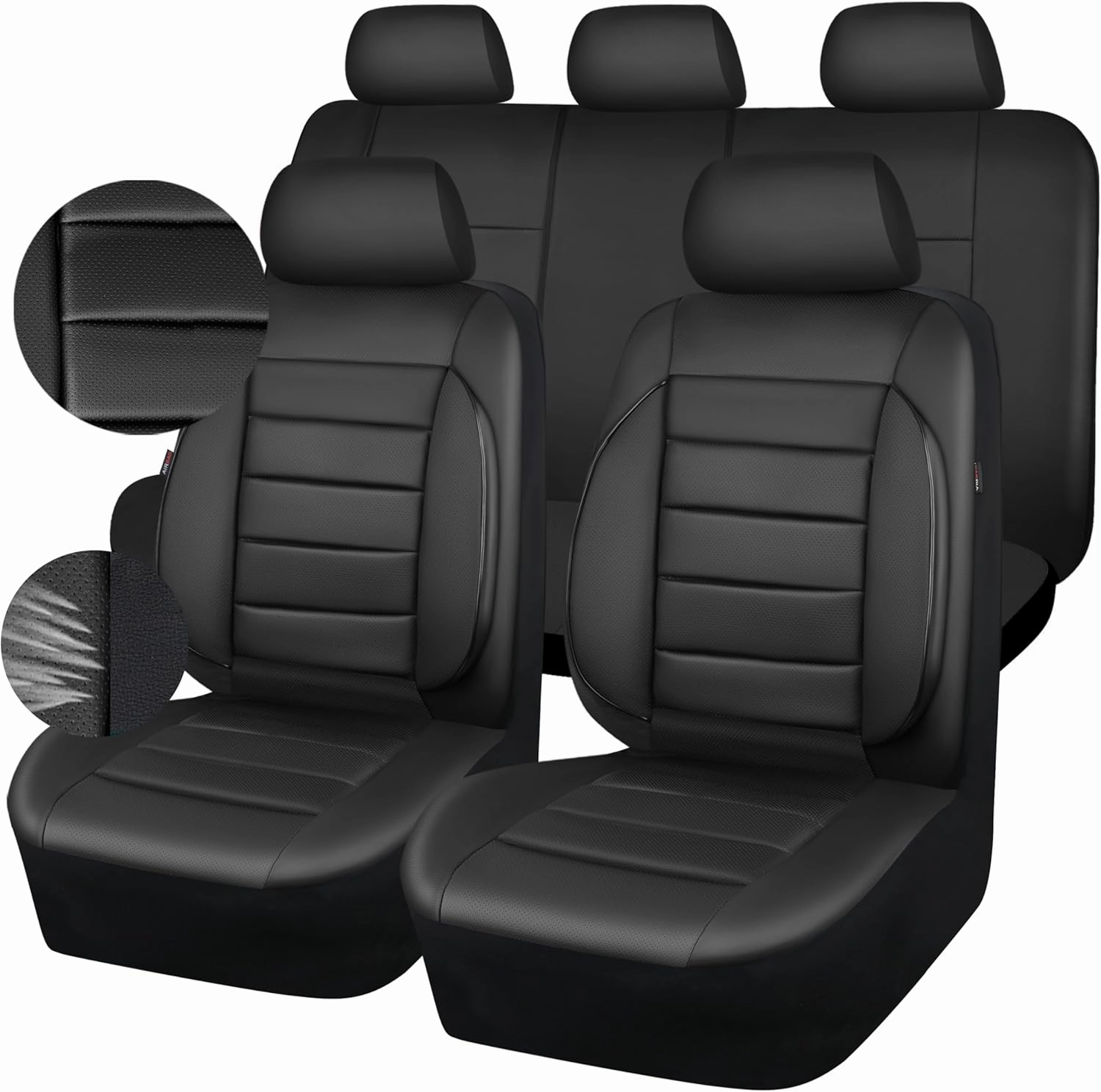 CAR PASS Leather Seat Covers Full Set Universal Water Resistant 3D Foam Back Support, Luxury Comfort Automotive 5 Seat Covers All Season Fit for SUV,Sedan,Van, Airbag Compatible Elegance(Pure Black)