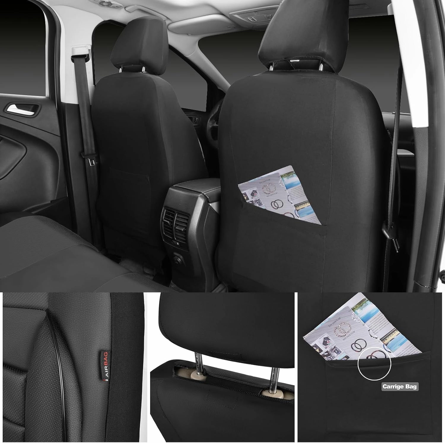 CAR PASS Leather Seat Covers Full Set Universal Water Resistant 3D Foam Back Support, Luxury Comfort Automotive 5 Seat Covers All Season Fit for SUV,Sedan,Van, Airbag Compatible Elegance(Pure Black)