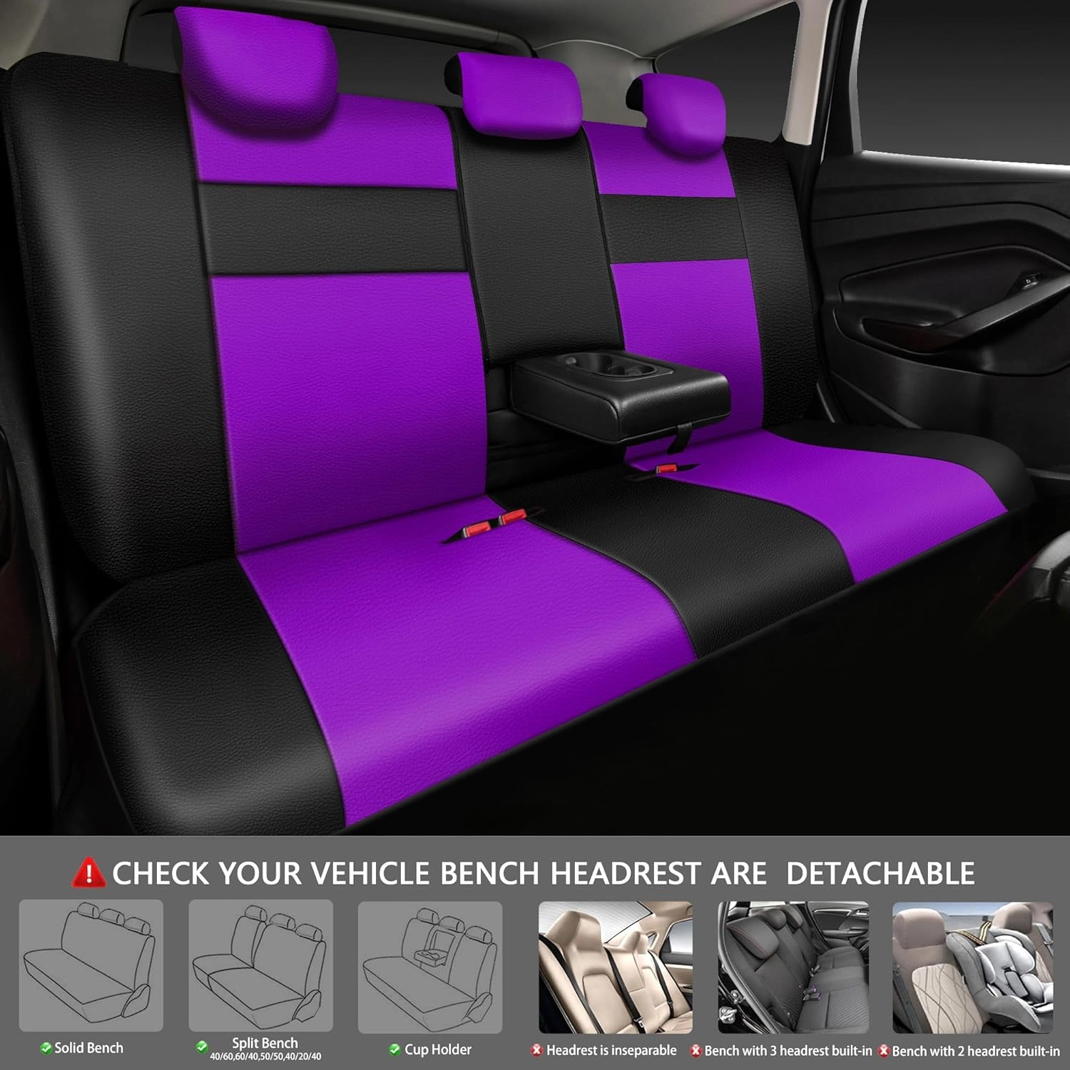 CAR PASS Leather Seat Covers Full Set Universal Water Resistant 3D Foam Back Support, Luxury Comfort Automotive 5 Seat Covers All Season Fit for SUV,Sedan,Van, Airbag Compatible Elegance(Purple Black)
