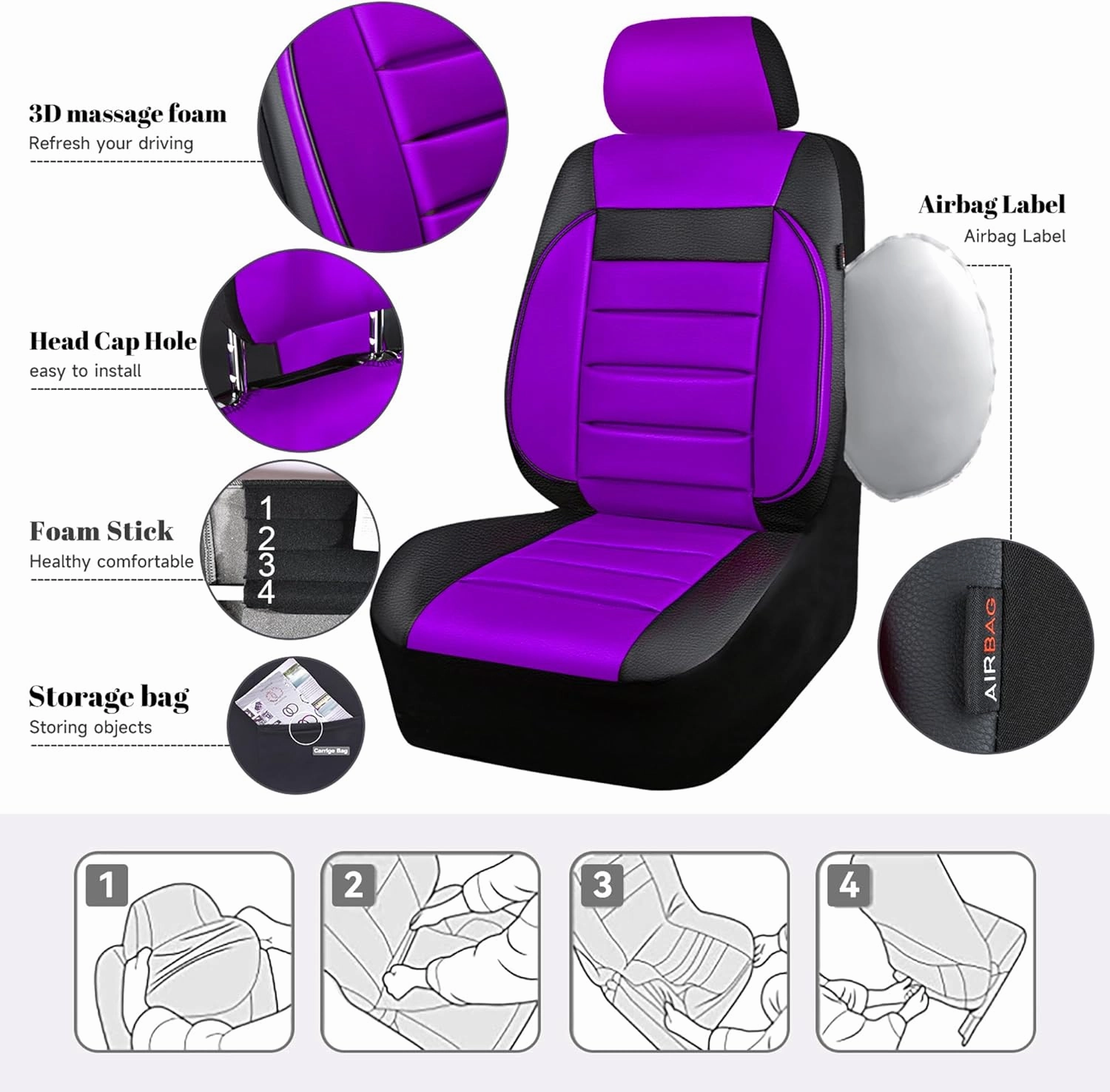 CAR PASS Leather Seat Covers Full Set Universal Water Resistant 3D Foam Back Support, Luxury Comfort Automotive 5 Seat Covers All Season Fit for SUV,Sedan,Van, Airbag Compatible Elegance(Purple Black)