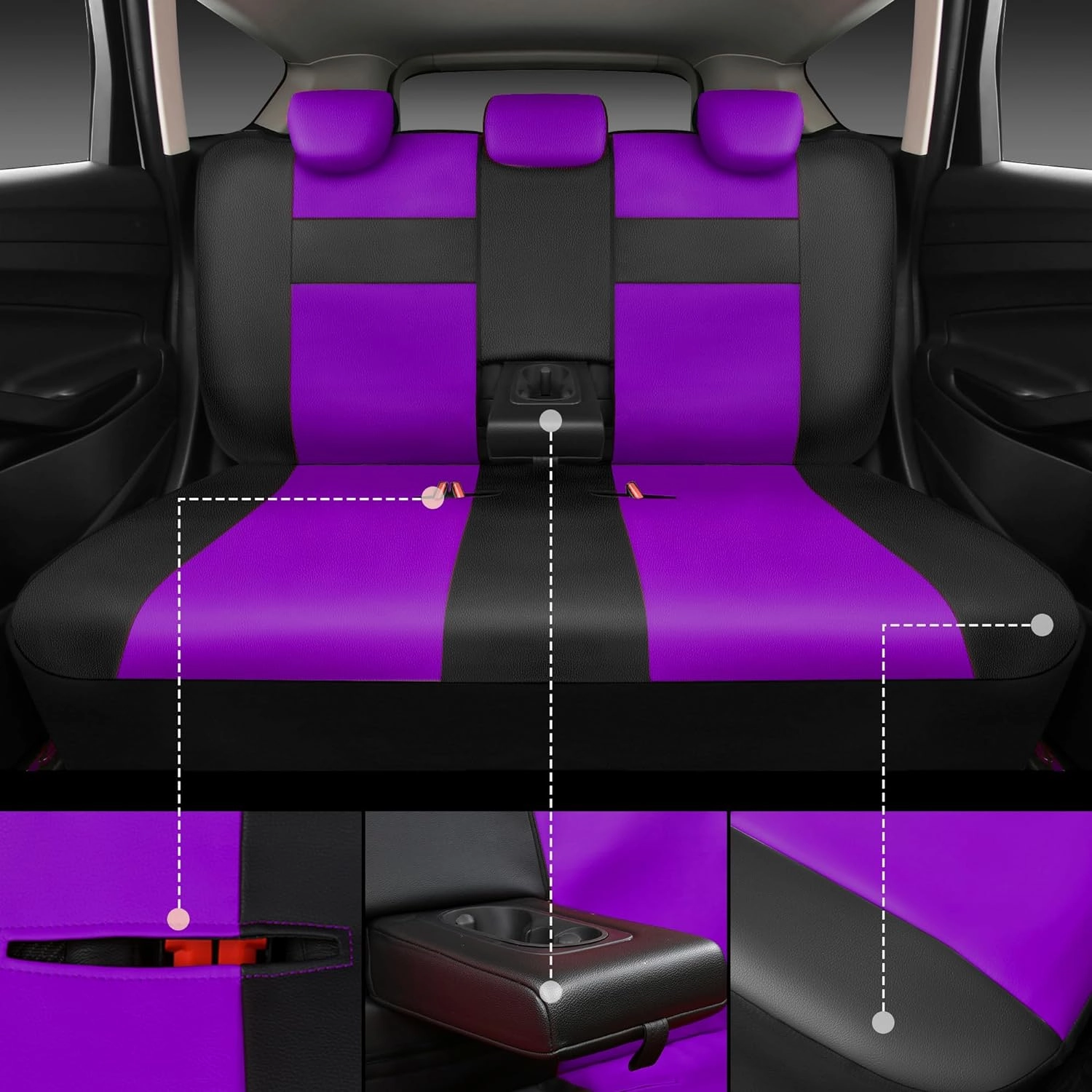 CAR PASS Leather Seat Covers Full Set Universal Water Resistant 3D Foam Back Support, Luxury Comfort Automotive 5 Seat Covers All Season Fit for SUV,Sedan,Van, Airbag Compatible Elegance(Purple Black)