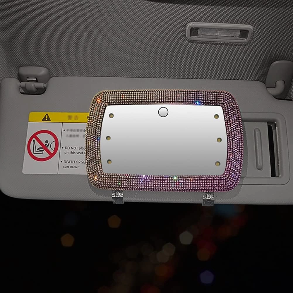Car Sun Visor Makeup Mirror,Rhinestone Cosmetic Mirror Universal Sun-Shading Makeup Mirror Universal Sparkling Crystal Vanity Mirror Car Mirror Accessories,Green