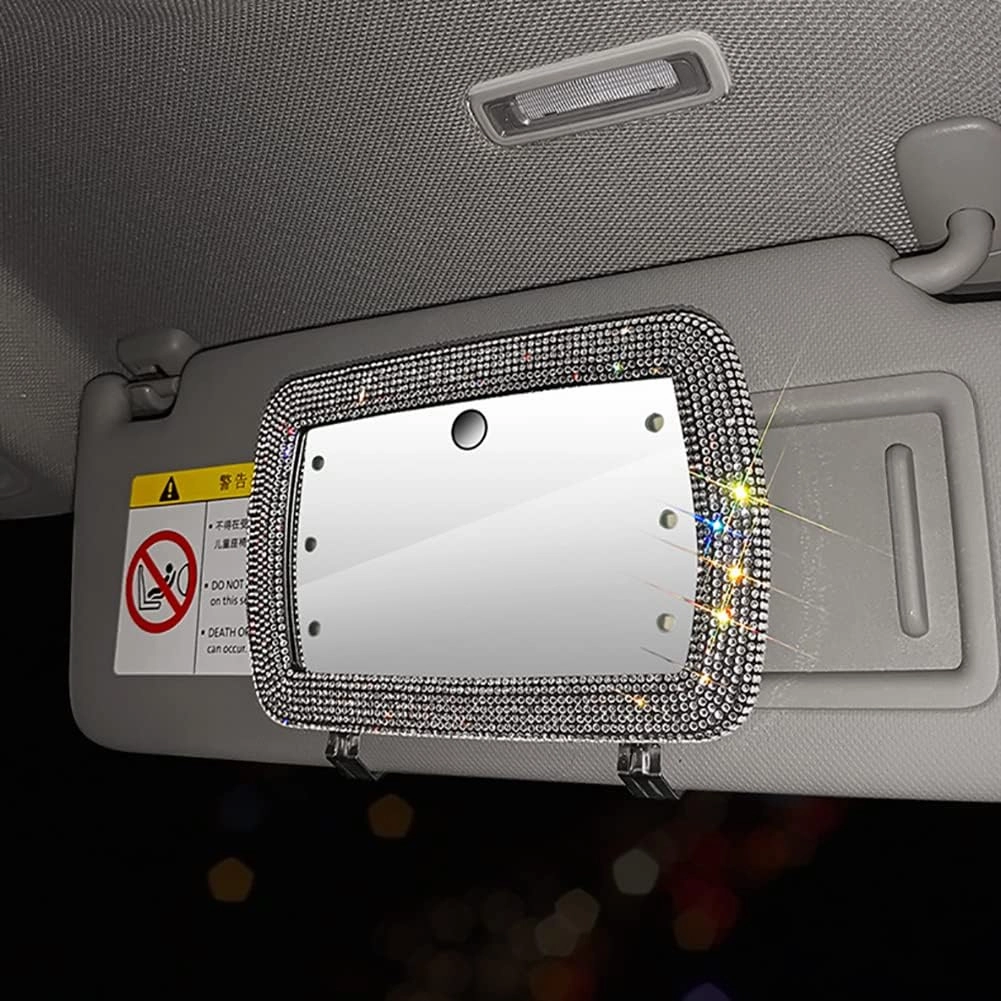 Car Sun Visor Makeup Mirror,Rhinestone Cosmetic Mirror Universal Sun-Shading Makeup Mirror Universal Sparkling Crystal Vanity Mirror Car Mirror Accessories,Green