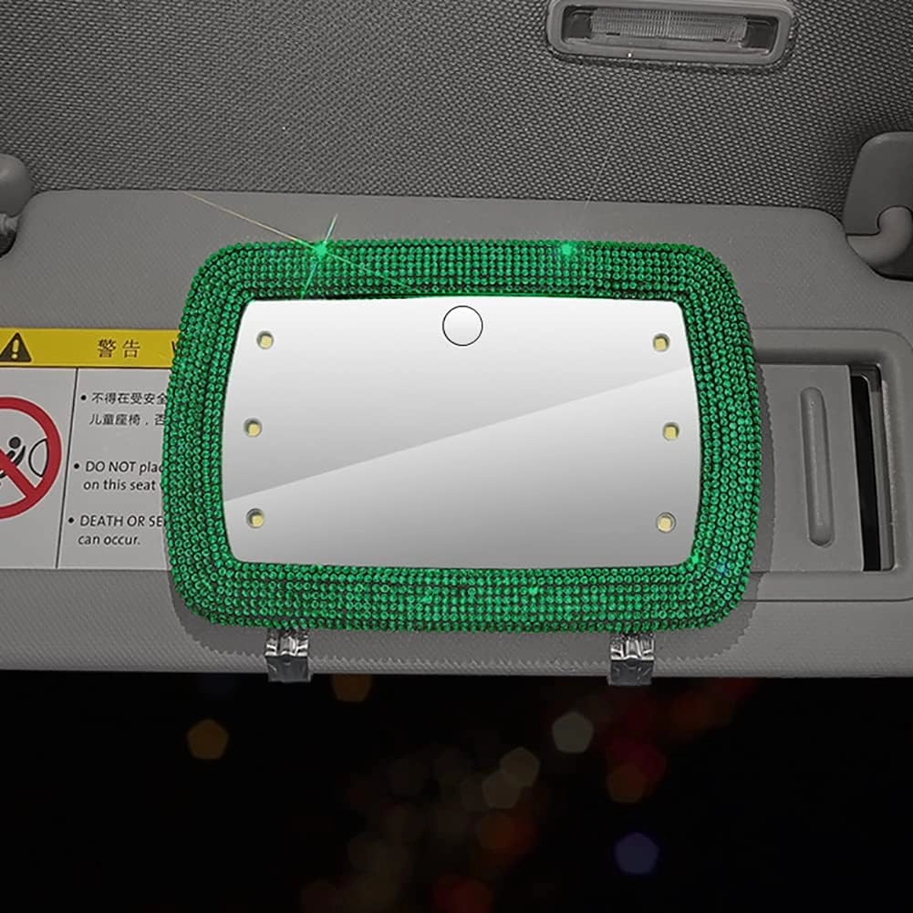Car Sun Visor Makeup Mirror,Rhinestone Cosmetic Mirror Universal Sun-Shading Makeup Mirror Universal Sparkling Crystal Vanity Mirror Car Mirror Accessories,Green