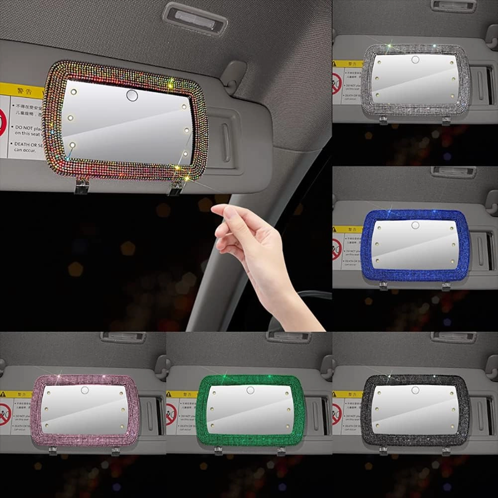 Car Sun Visor Makeup Mirror,Rhinestone Cosmetic Mirror Universal Sun-Shading Makeup Mirror Universal Sparkling Crystal Vanity Mirror Car Mirror Accessories,Green