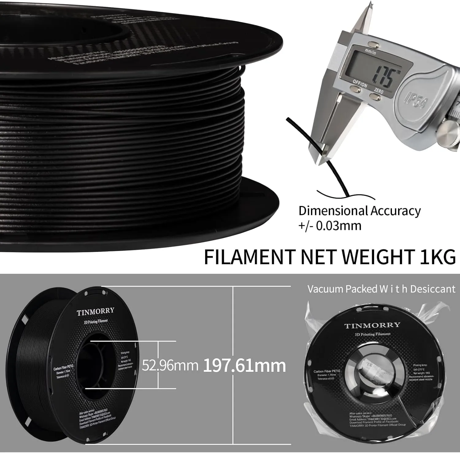 Carbon Fiber PETG Filament 1.75 mm, TINMORRY PETG CF 3D Printer Filament, Compatible with Bambu LAB, Creality K1C, QIDI MAX3, FLASHFORGE Adventurer 5M, Prusa MK4 FDM 3D Printer, 1 KG 1 Spool, Black