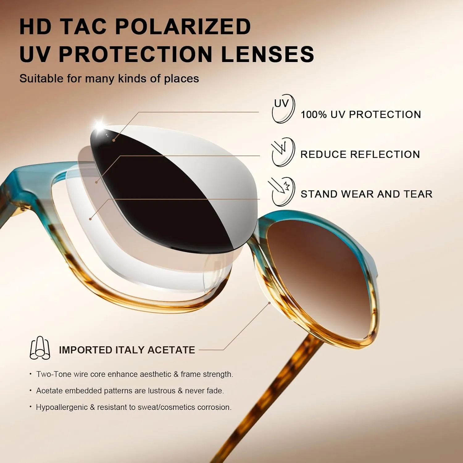 CARFIA Designer Acetate Womens Polarized Sunglasses Small to Medium Face Trendy Shades UV Protection Hypoallergenic Handmade