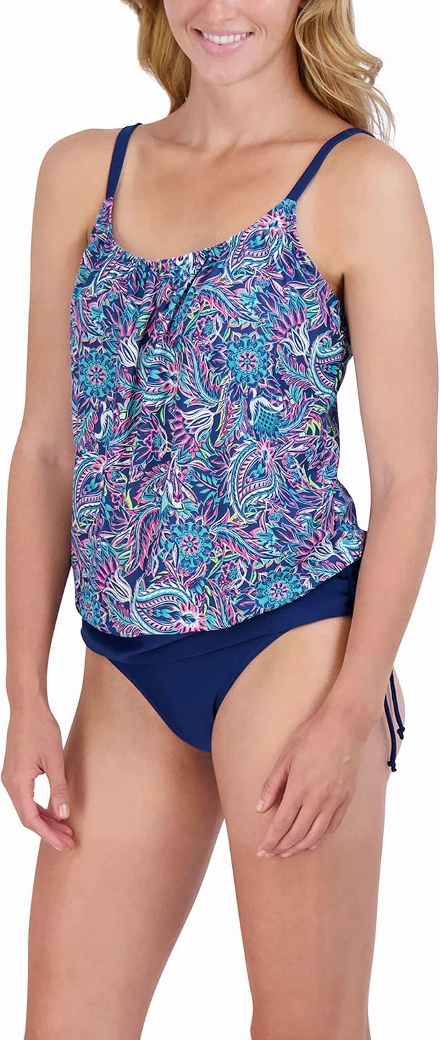 Caribbean Joe Women's Standard Blouson Tankini Tummy Control Quick Dry Sewn in Cups Adjustable Strap Swimsuit Set