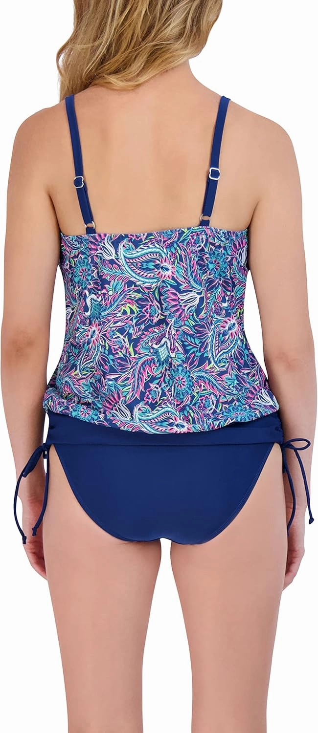 Caribbean Joe Women's Standard Blouson Tankini Tummy Control Quick Dry Sewn in Cups Adjustable Strap Swimsuit Set