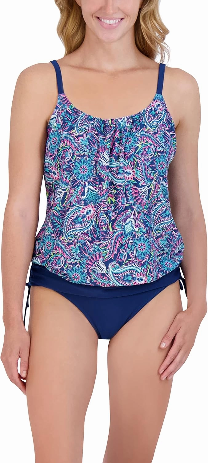 Caribbean Joe Women's Standard Blouson Tankini Tummy Control Quick Dry Sewn in Cups Adjustable Strap Swimsuit Set