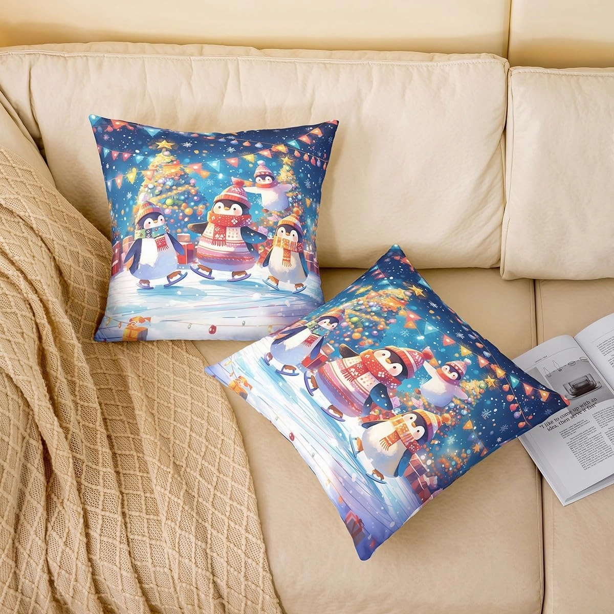 Cartoon Penguin Pillow Cover 20x20 Inch Colorful Christmas Lights New Year Cushion Cover for Kids Boys Girls Teens Lovely Wild Animal Winter Theme Pillow Case for Bedroom Couch
