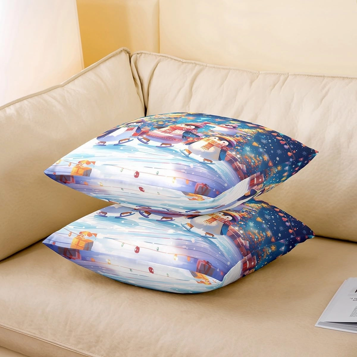 Cartoon Penguin Pillow Cover 20x20 Inch Colorful Christmas Lights New Year Cushion Cover for Kids Boys Girls Teens Lovely Wild Animal Winter Theme Pillow Case for Bedroom Couch