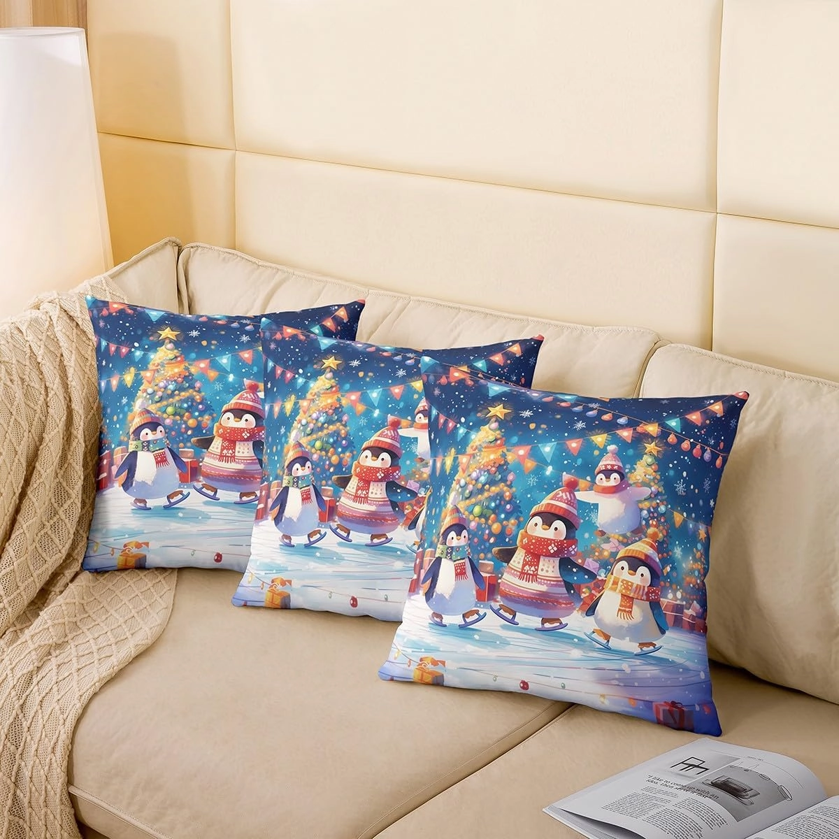 Cartoon Penguin Pillow Cover 20x20 Inch Colorful Christmas Lights New Year Cushion Cover for Kids Boys Girls Teens Lovely Wild Animal Winter Theme Pillow Case for Bedroom Couch