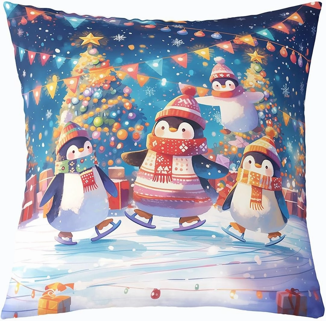 Cartoon Penguin Pillow Cover 20x20 Inch Colorful Christmas Lights New Year Cushion Cover for Kids Boys Girls Teens Lovely Wild Animal Winter Theme Pillow Case for Bedroom Couch